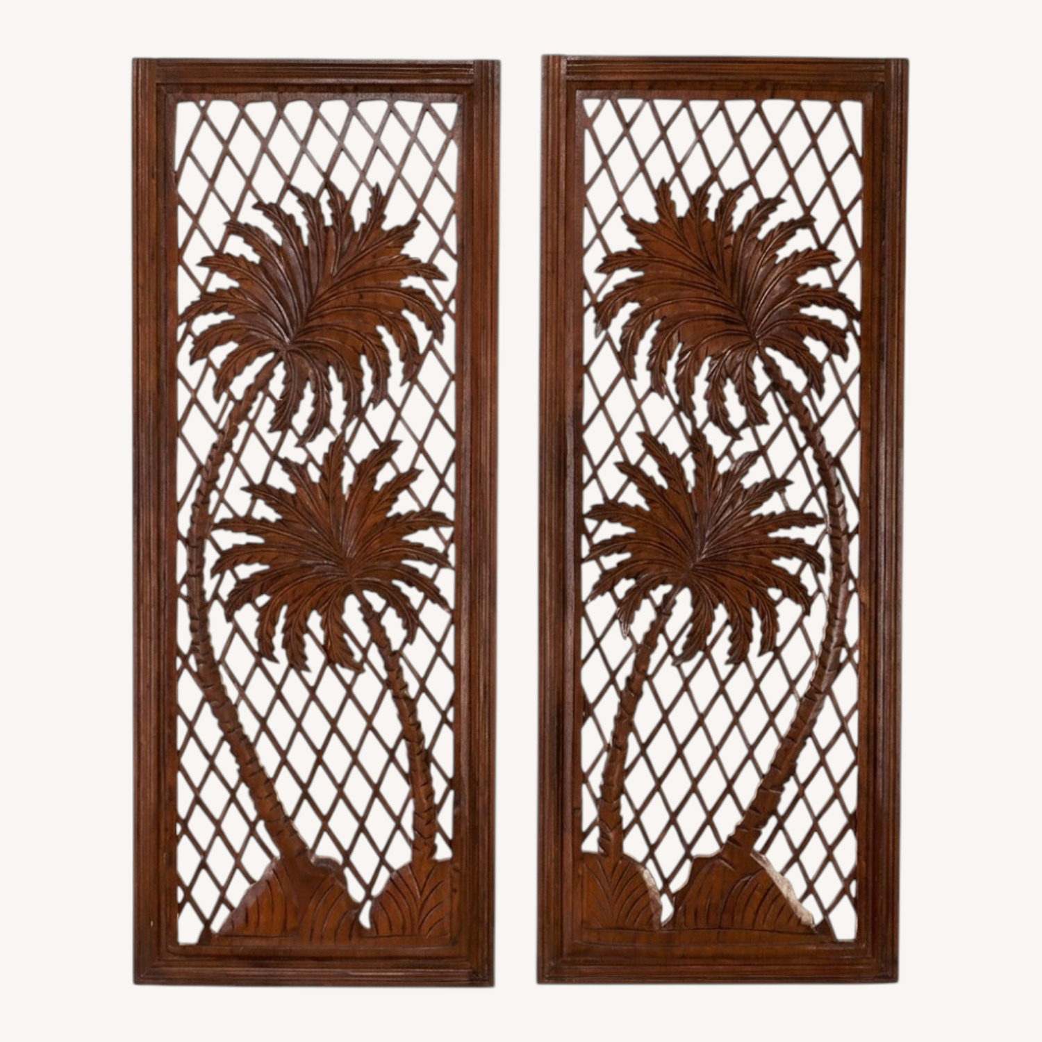 Vintage Carved Wood Palm Mirrored Wall Panels - image-0
