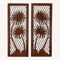 Vintage Carved Wood Palm Mirrored Wall Panels