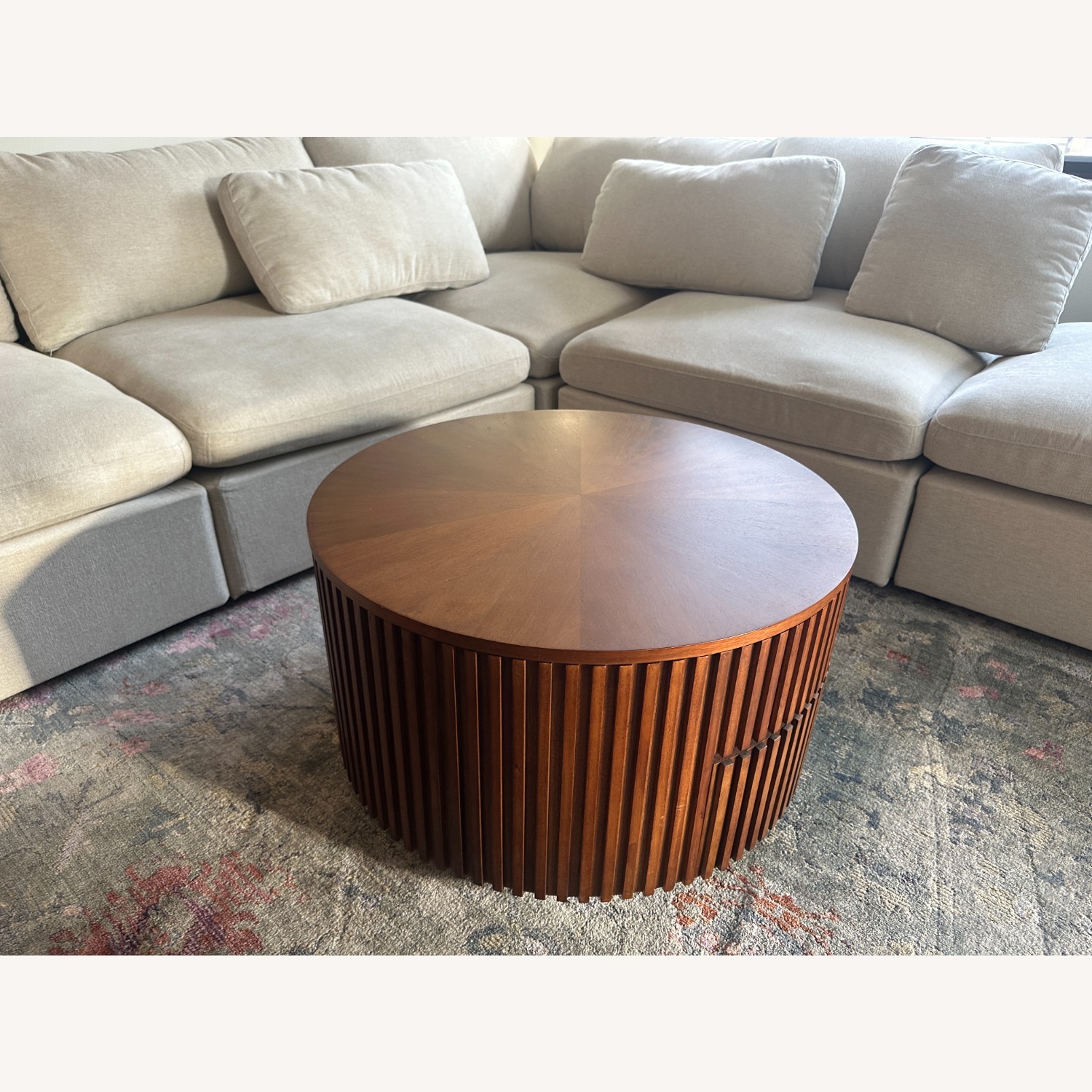 Round Walnut Lift-Top Coffee Table with Storage - image-7