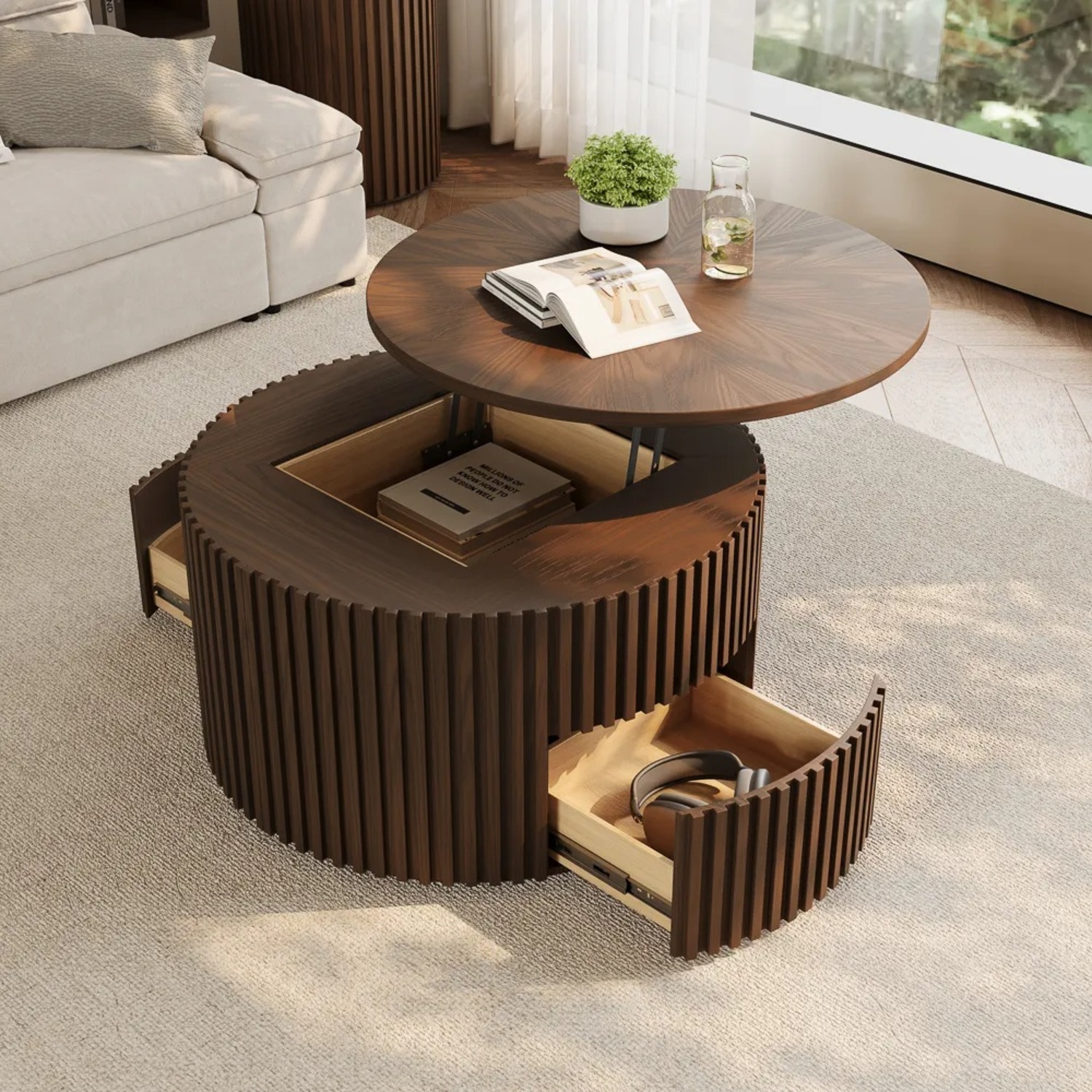 Round Walnut Lift-Top Coffee Table with Storage - image-8