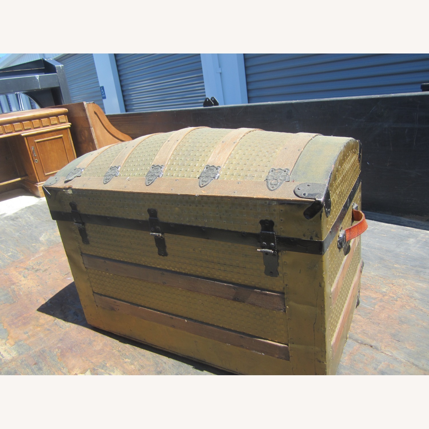 Unique Vintage Gold Tone Hump Top Trunk - image-4