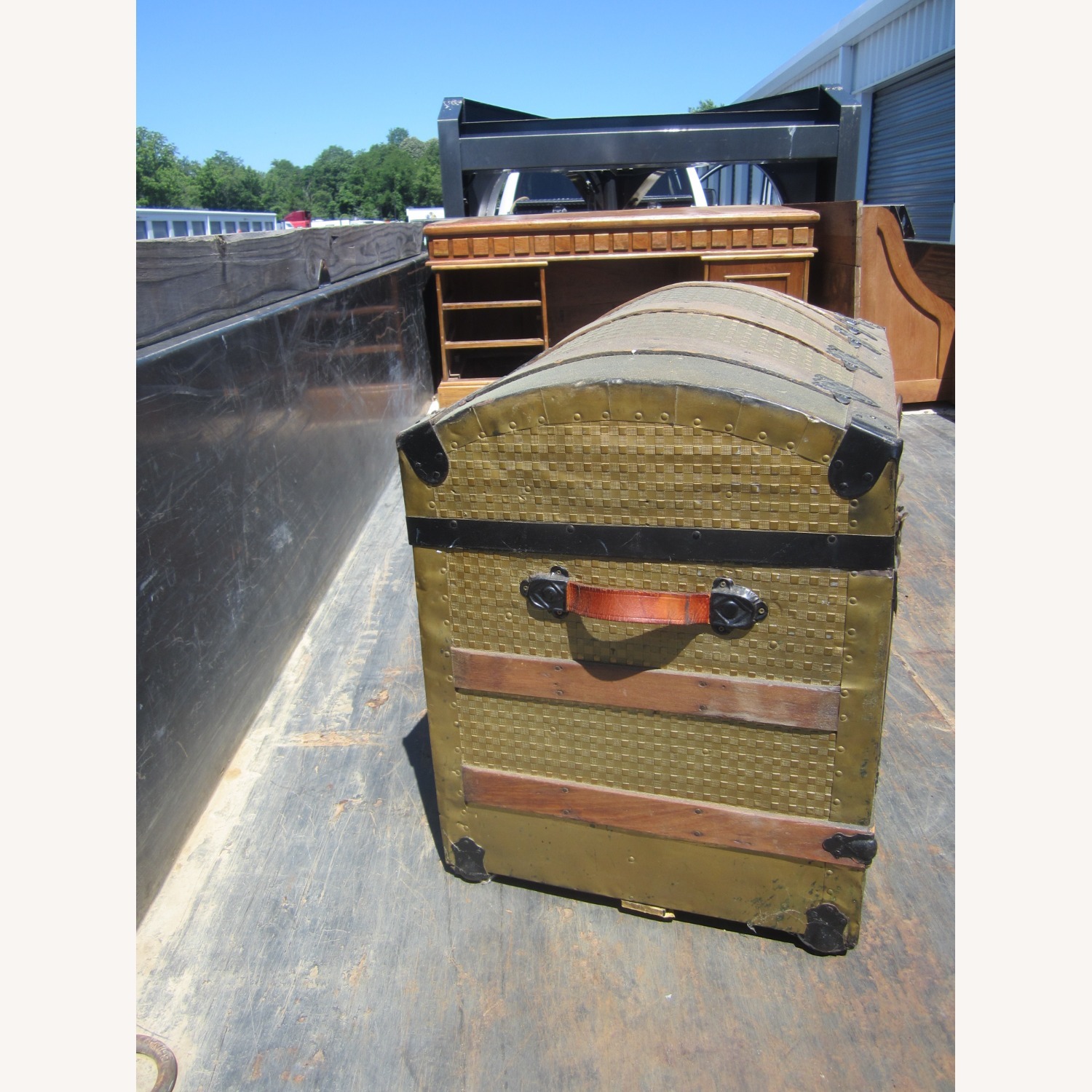 Unique Vintage Gold Tone Hump Top Trunk - image-3