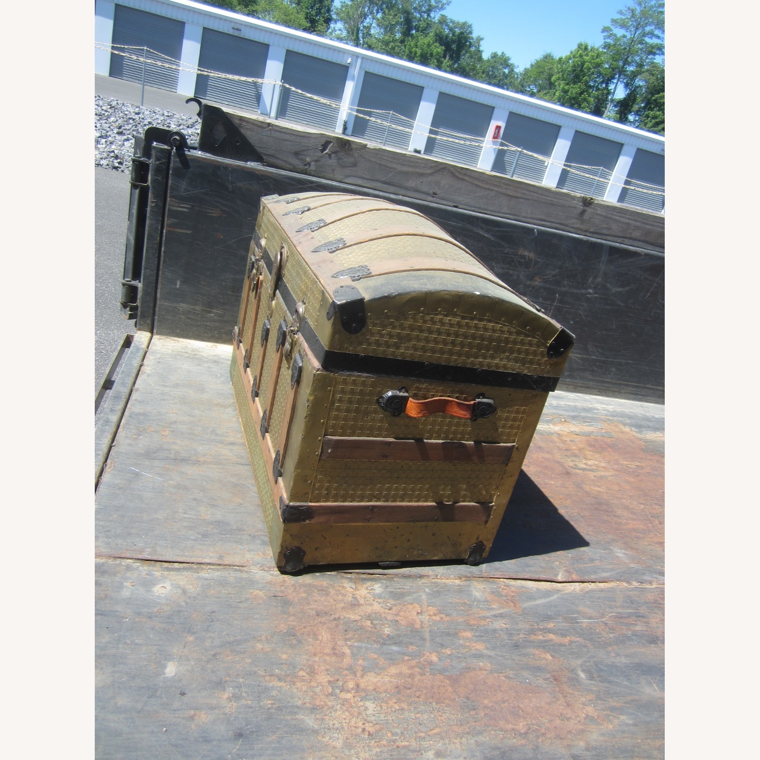 Unique Vintage Gold Tone Hump Top Trunk - image-2