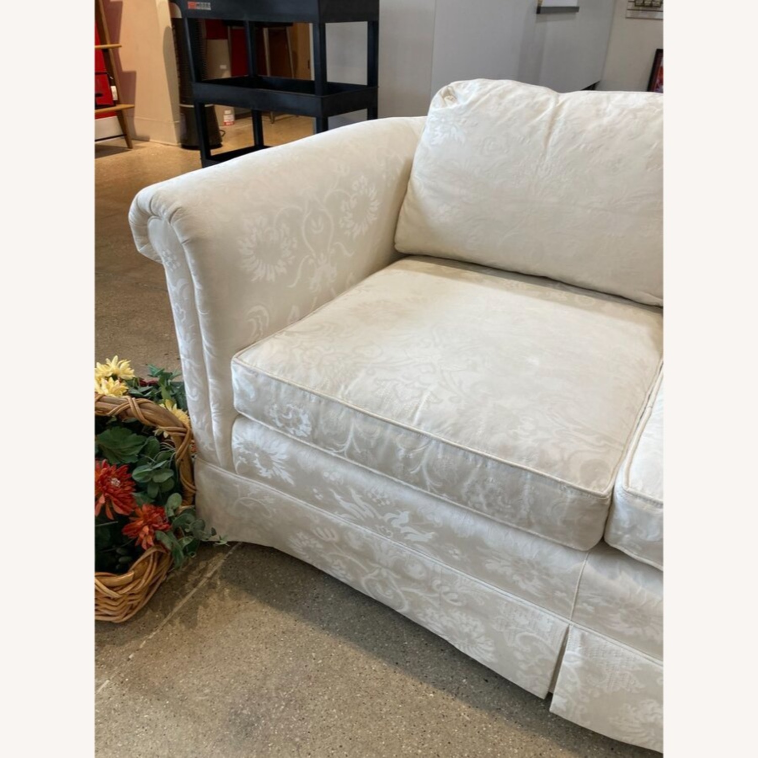Baker Furniture Damask Skirted Roll-Arm Sofa - image-4