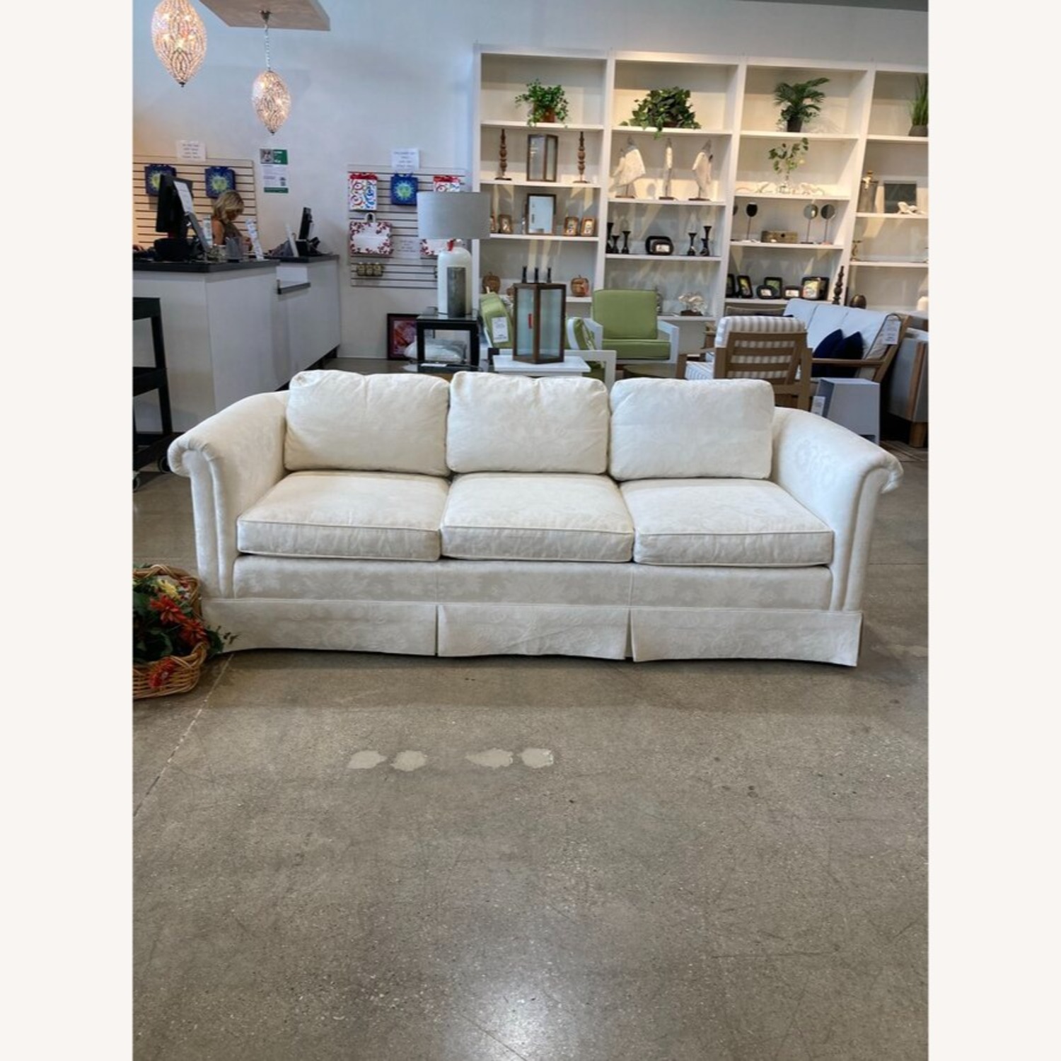 Baker Furniture Damask Skirted Roll-Arm Sofa - image-2