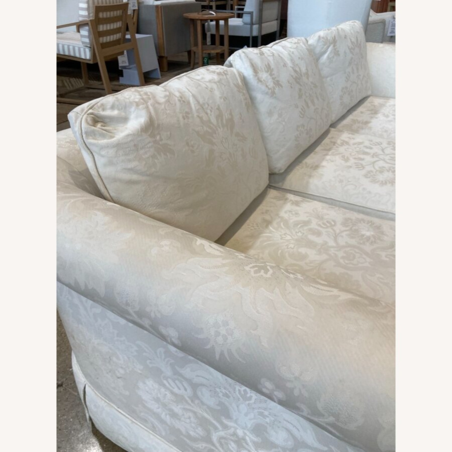 Baker Furniture Damask Skirted Roll-Arm Sofa - image-7