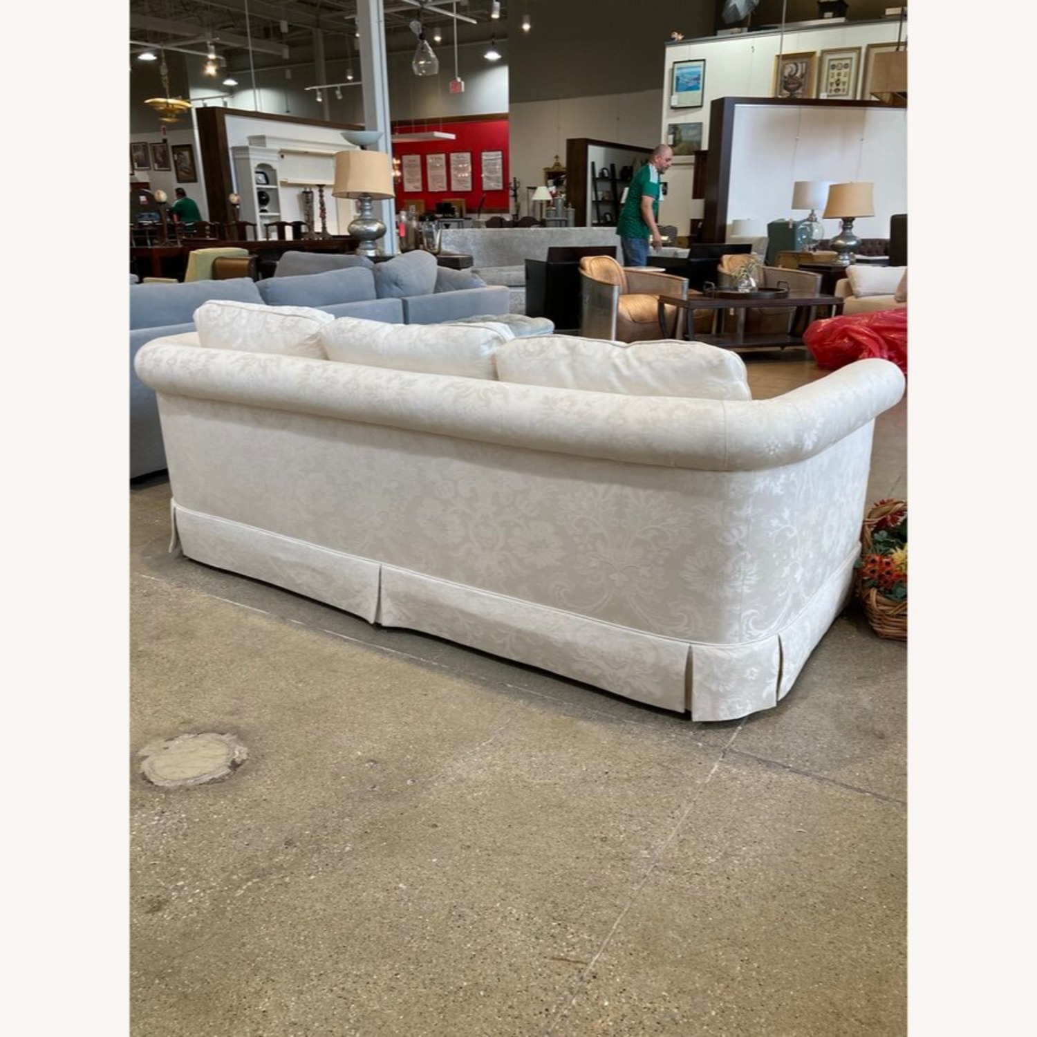Baker Furniture Damask Skirted Roll-Arm Sofa - image-6