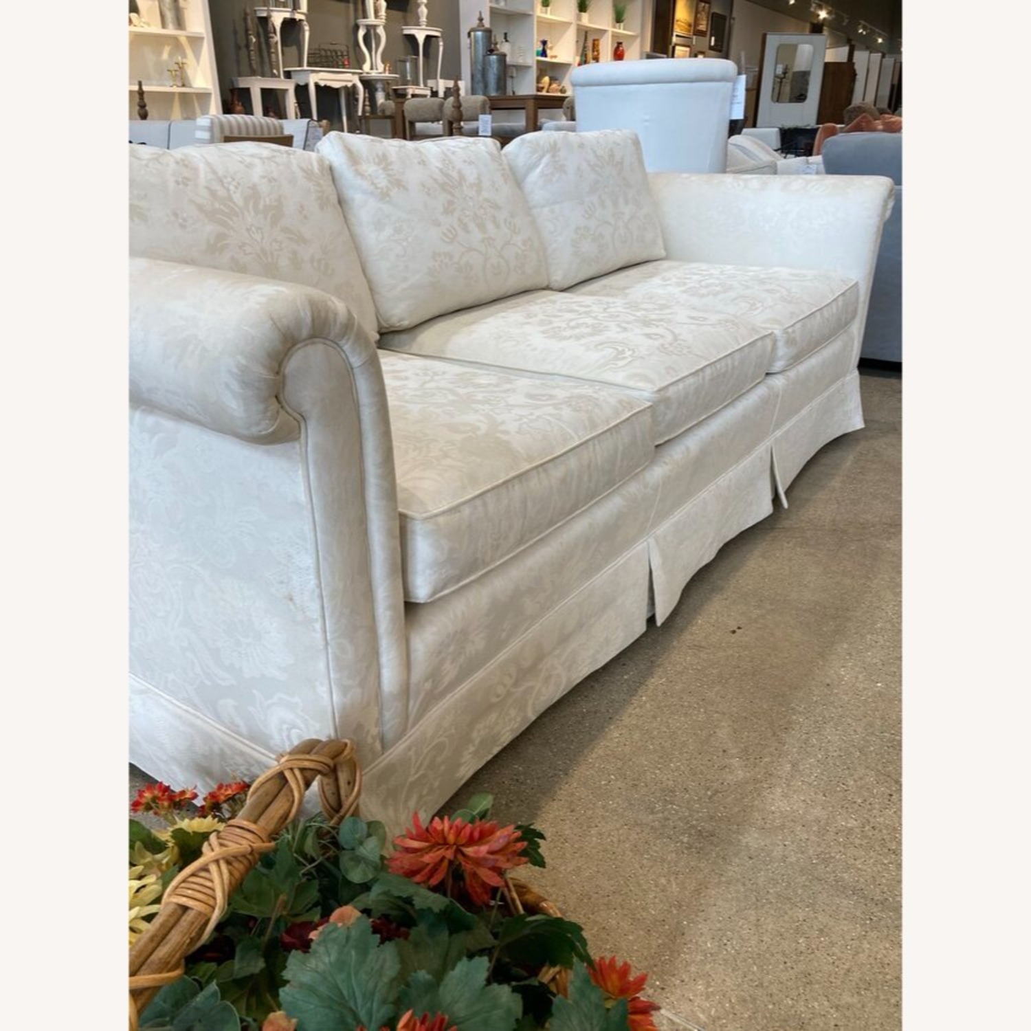Baker Furniture Damask Skirted Roll-Arm Sofa - image-3