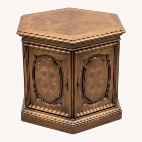 Used Hexagonal Side End Table w Storage Burlwood Doors for sale on AptDeco