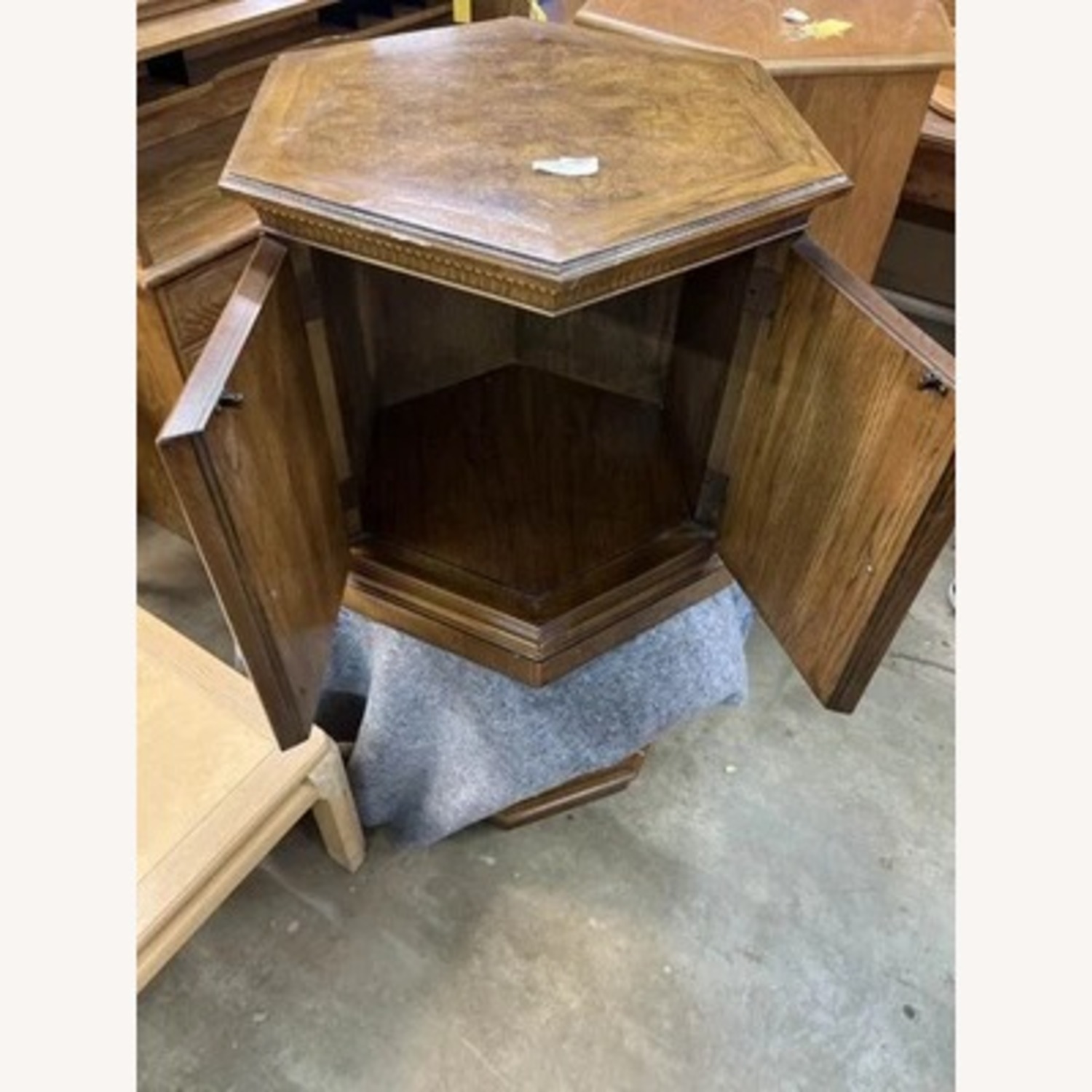 Hexagonal Side End Table w Storage Burlwood Doors - image-6