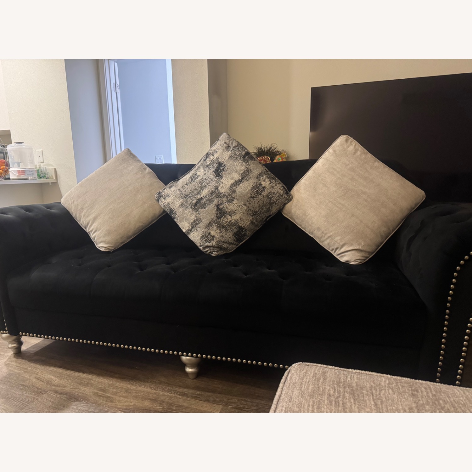 Black 3 Seater Sofa with 3 Large Cushions - image-1