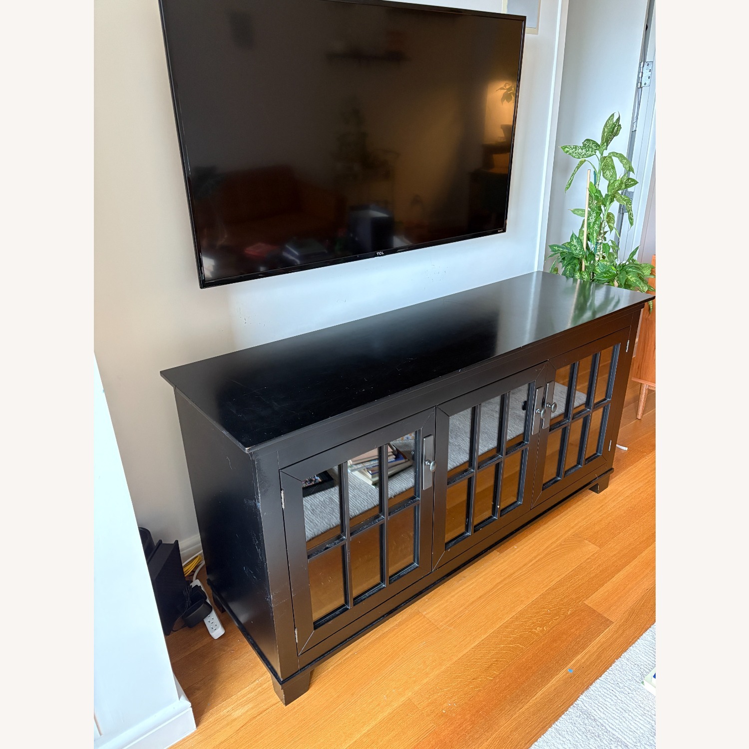 Black TV Console Media Cabinet Credenza W Glass - image-2