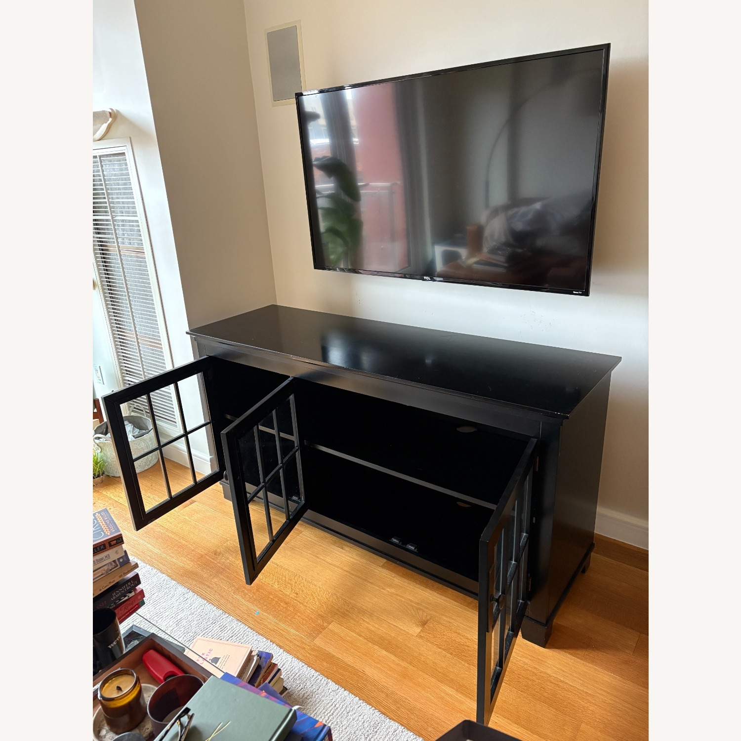 Black TV Console Media Cabinet Credenza W Glass - image-4