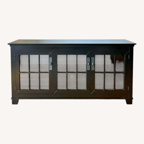 Used Black TV Console Media Cabinet Credenza W Glass for sale on AptDeco