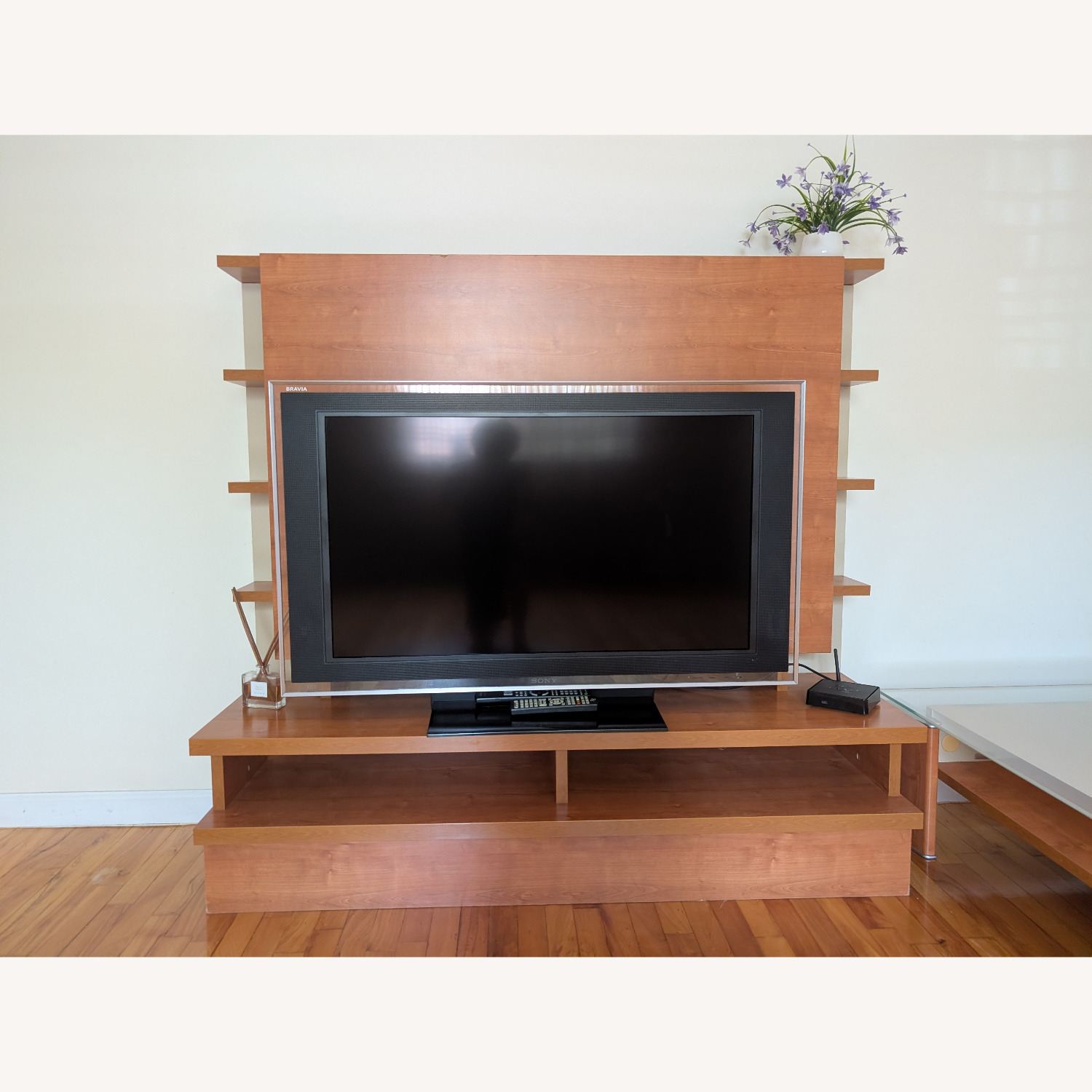 Natural Wood TV Stand with Side Displays - image-1