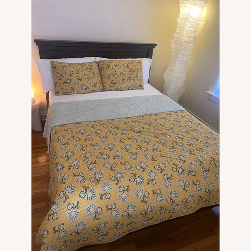 Used Pottery Barn Dark Brown Queen Farmhouse Platform Bed for sale on AptDeco