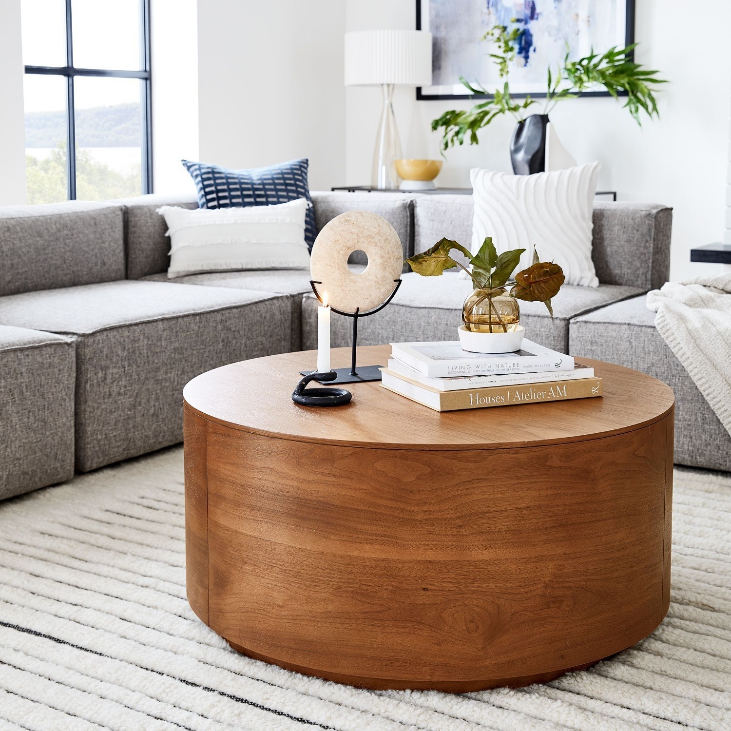 West Elm Volume Round Drum Coffee Table Wood - image-3