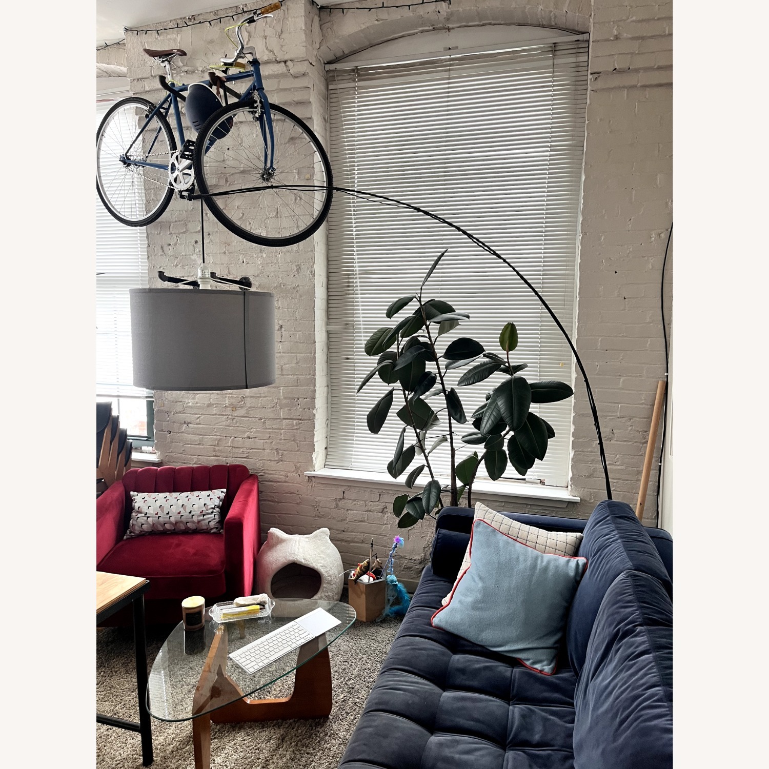 IKEA SKAFTET Arc Floor Lamp with Gray Fabric Shade - image-1
