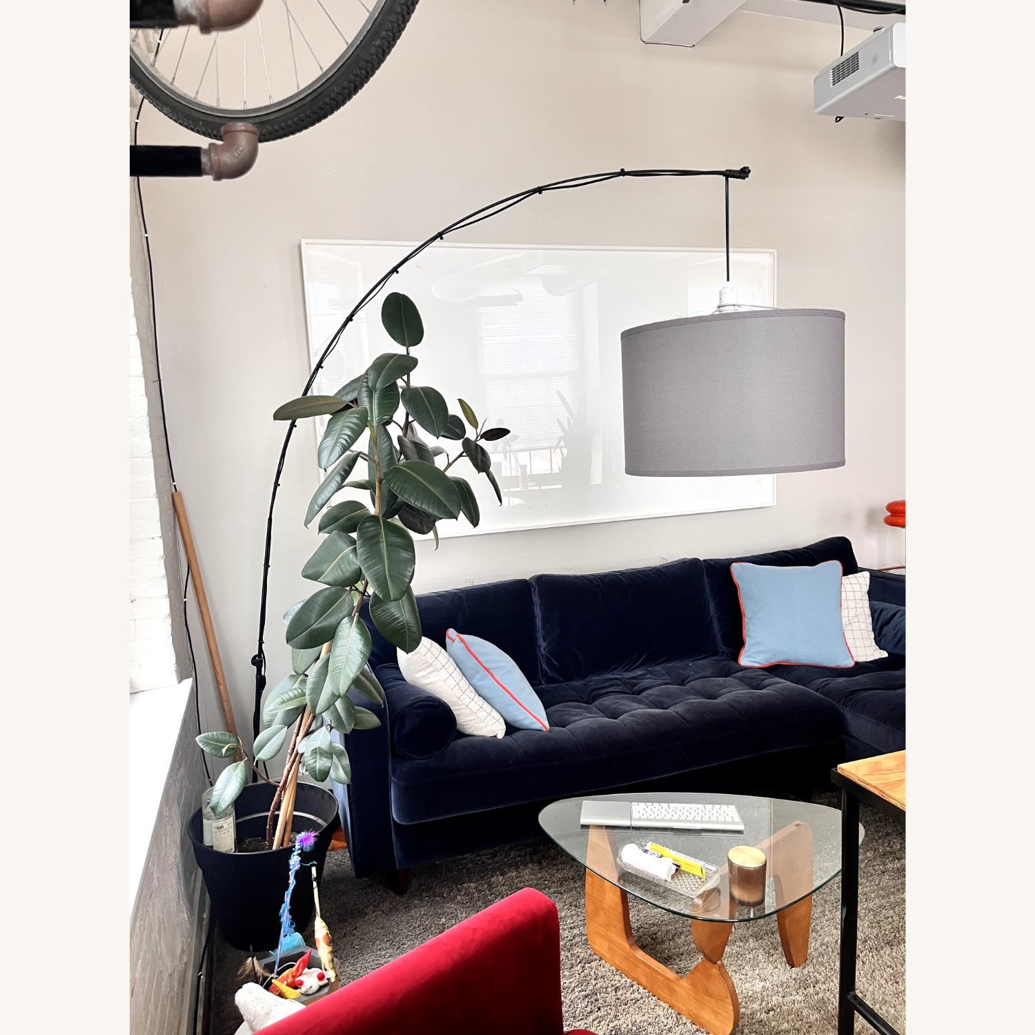 IKEA SKAFTET Arc Floor Lamp with Gray Fabric Shade - image-3