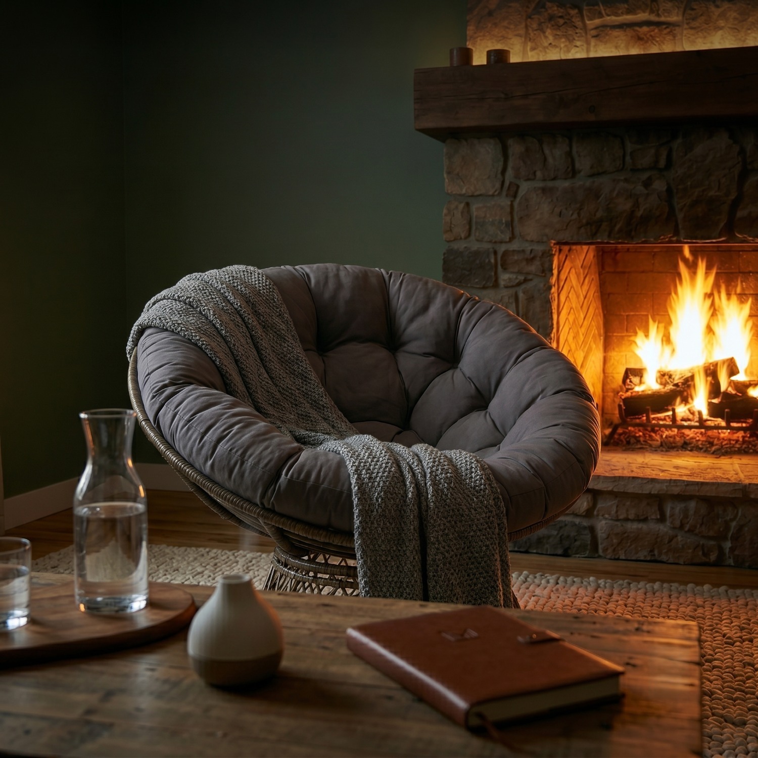 Cozy Wicker Papasan Chair - Brown Frame Gray Cushion - image-4