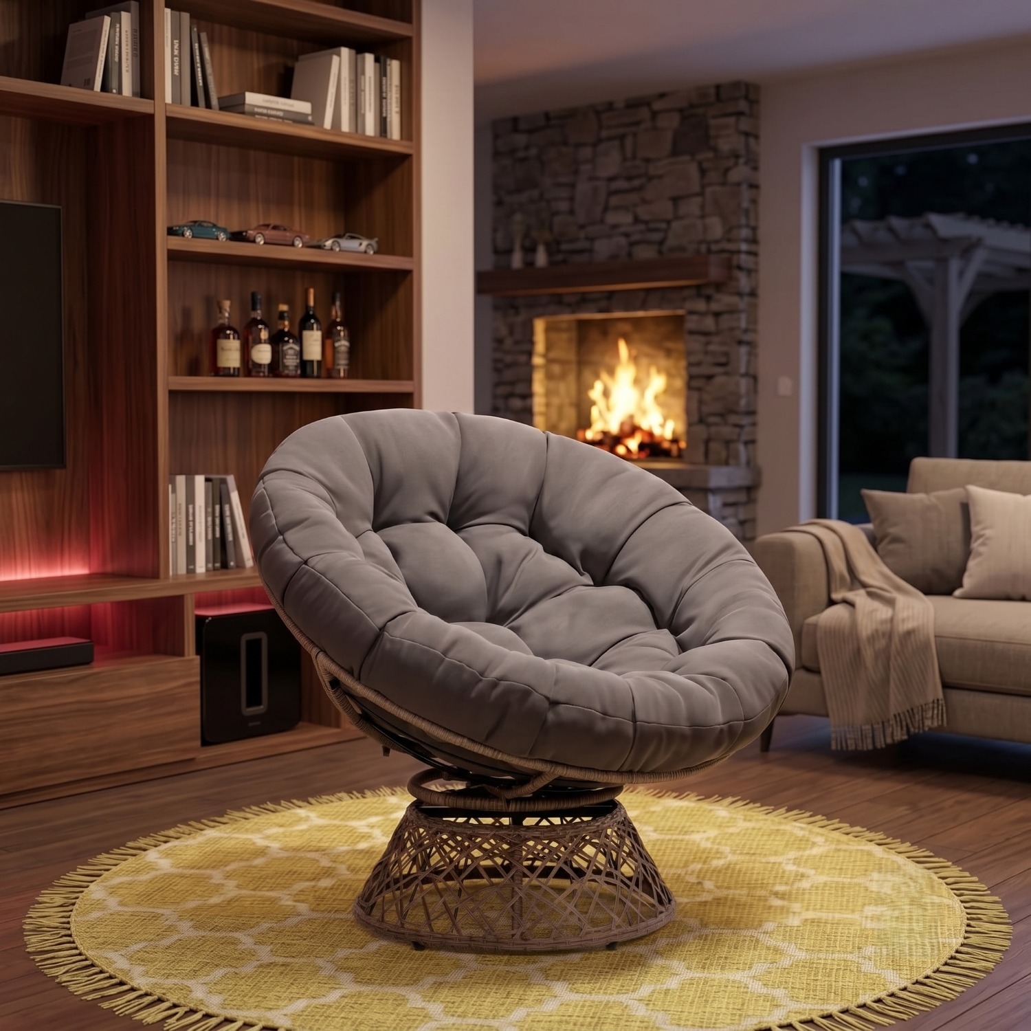 Cozy Wicker Papasan Chair - Brown Frame Gray Cushion - image-3