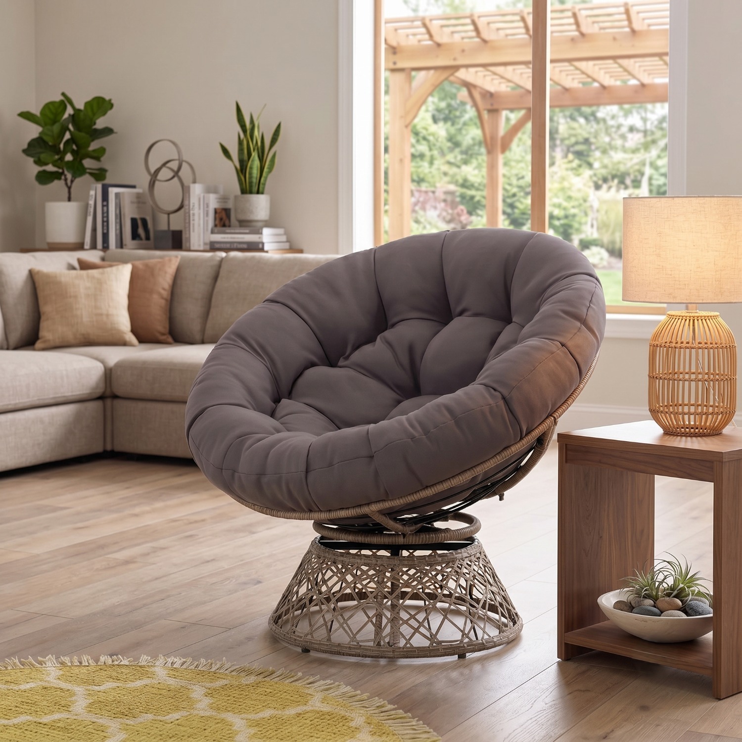 Cozy Wicker Papasan Chair - Brown Frame Gray Cushion - image-2
