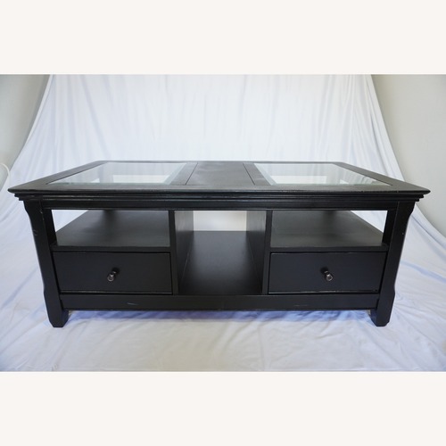 Used Modern Black Coffee Table – Glass Top, 2 Drawers for sale on AptDeco