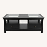 Modern Black Coffee Table – Glass Top, 2 Drawers