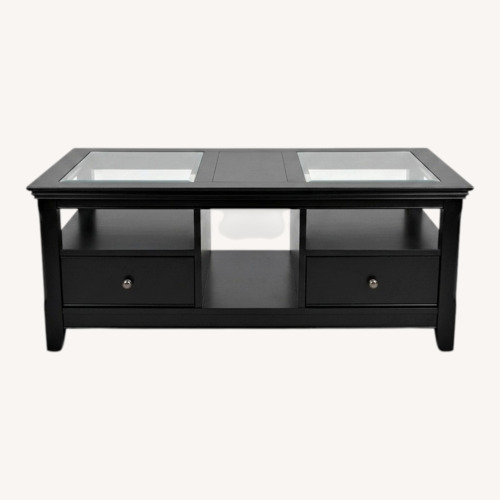Used Modern Black Coffee Table – Glass Top, 2 Drawers for sale on AptDeco