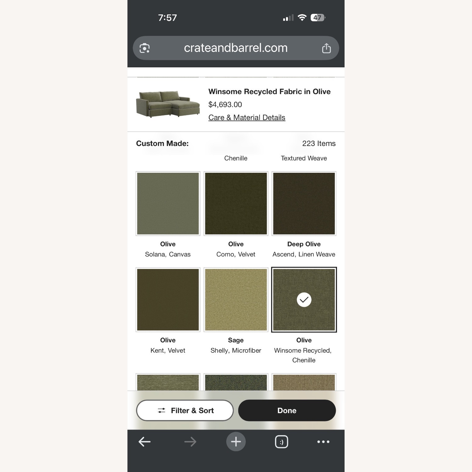Crate & Barrel Lounge Fabric Olive 2 Piece Sectional - image-9
