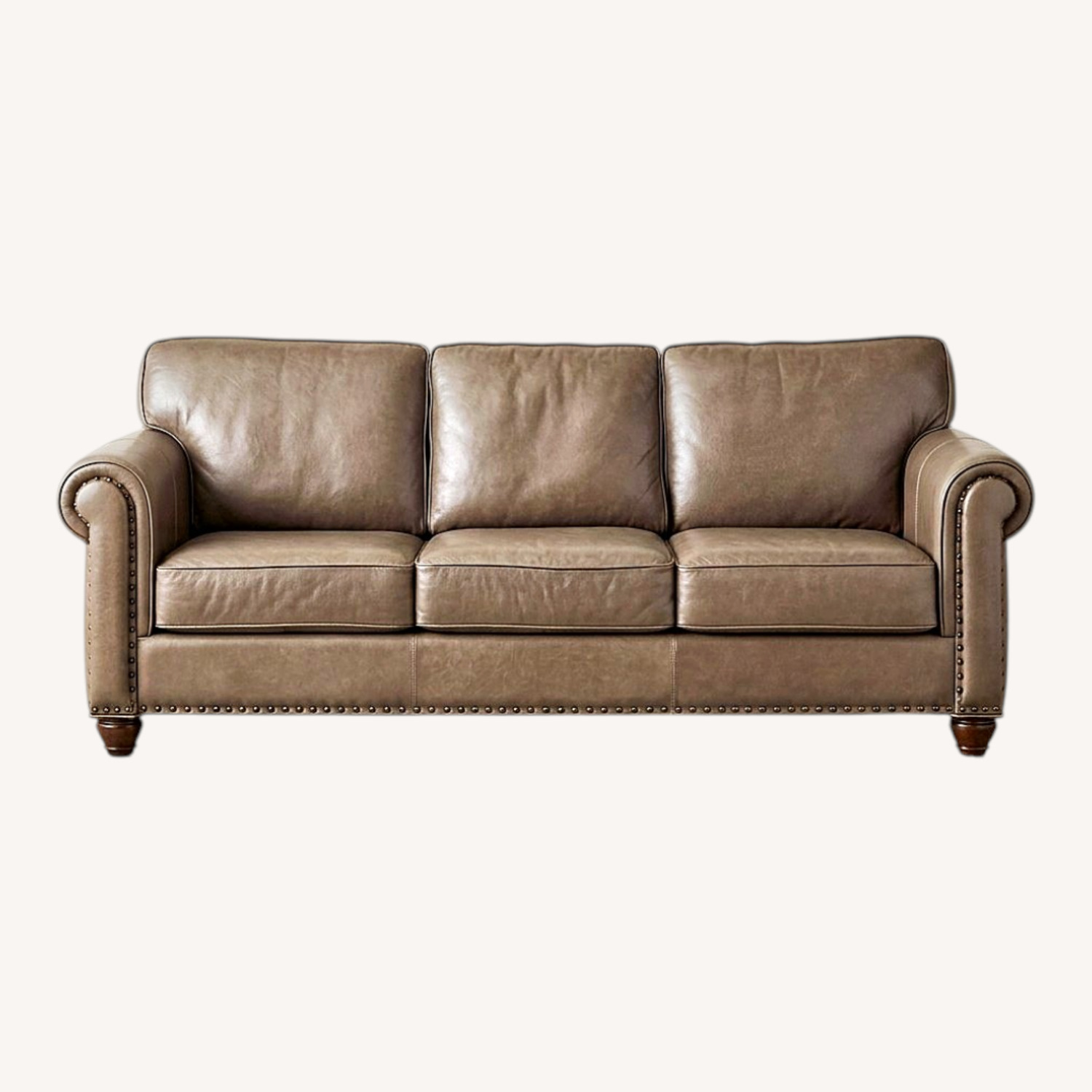 Three Seat Leather Roll-Arm w Nailhead Trim Sofa - image-0