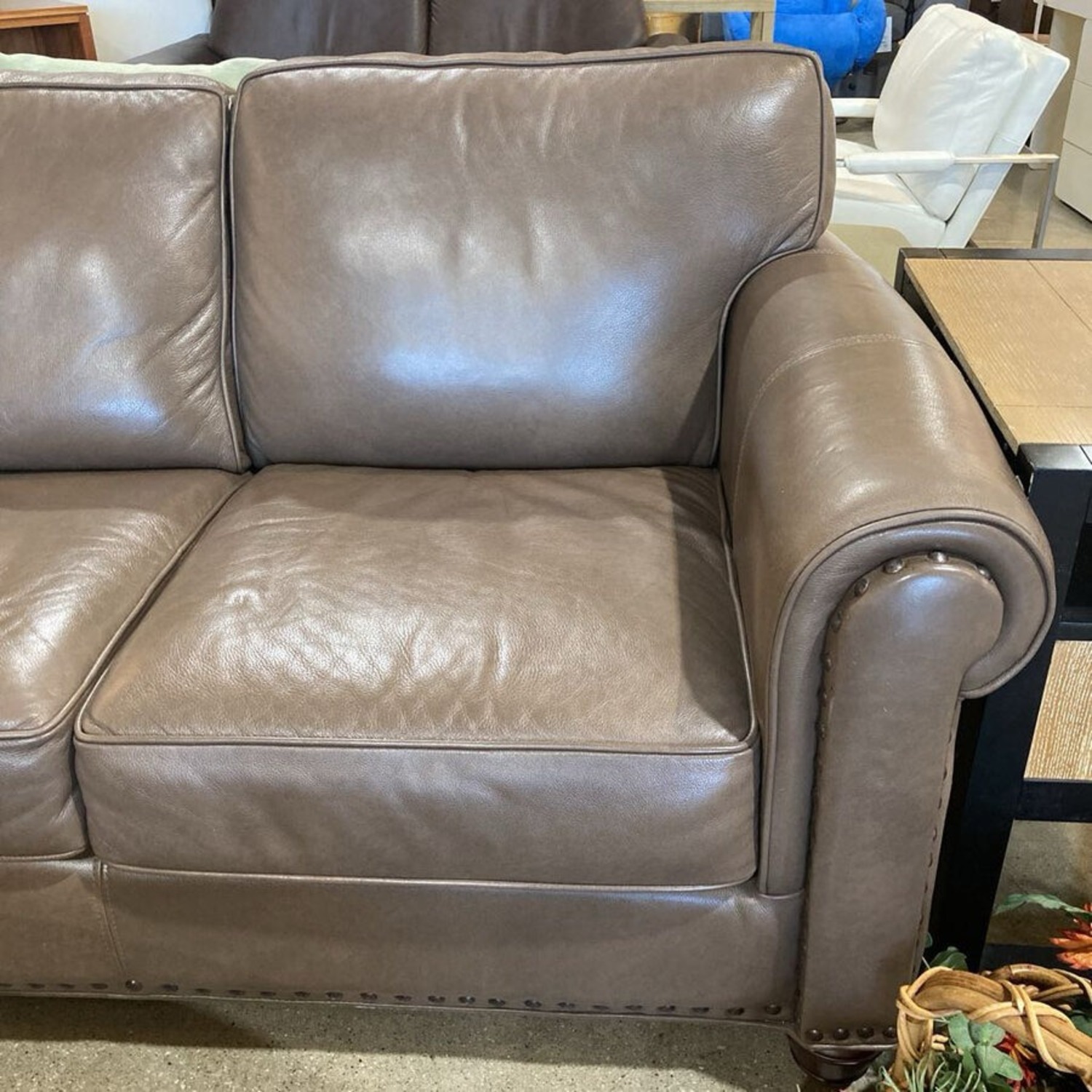 Three Seat Leather Roll-Arm w Nailhead Trim Sofa - image-4