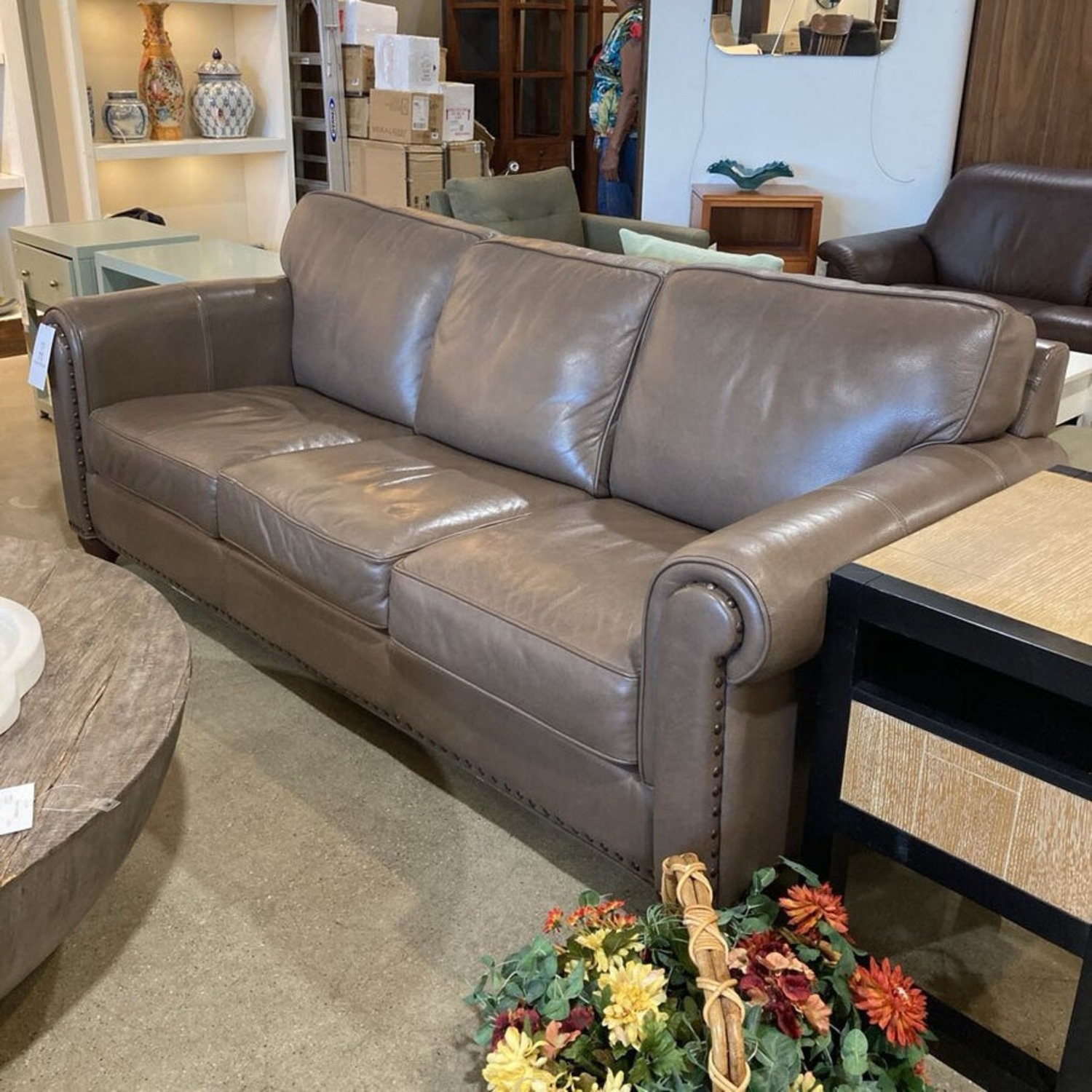 Three Seat Leather Roll-Arm w Nailhead Trim Sofa - image-2