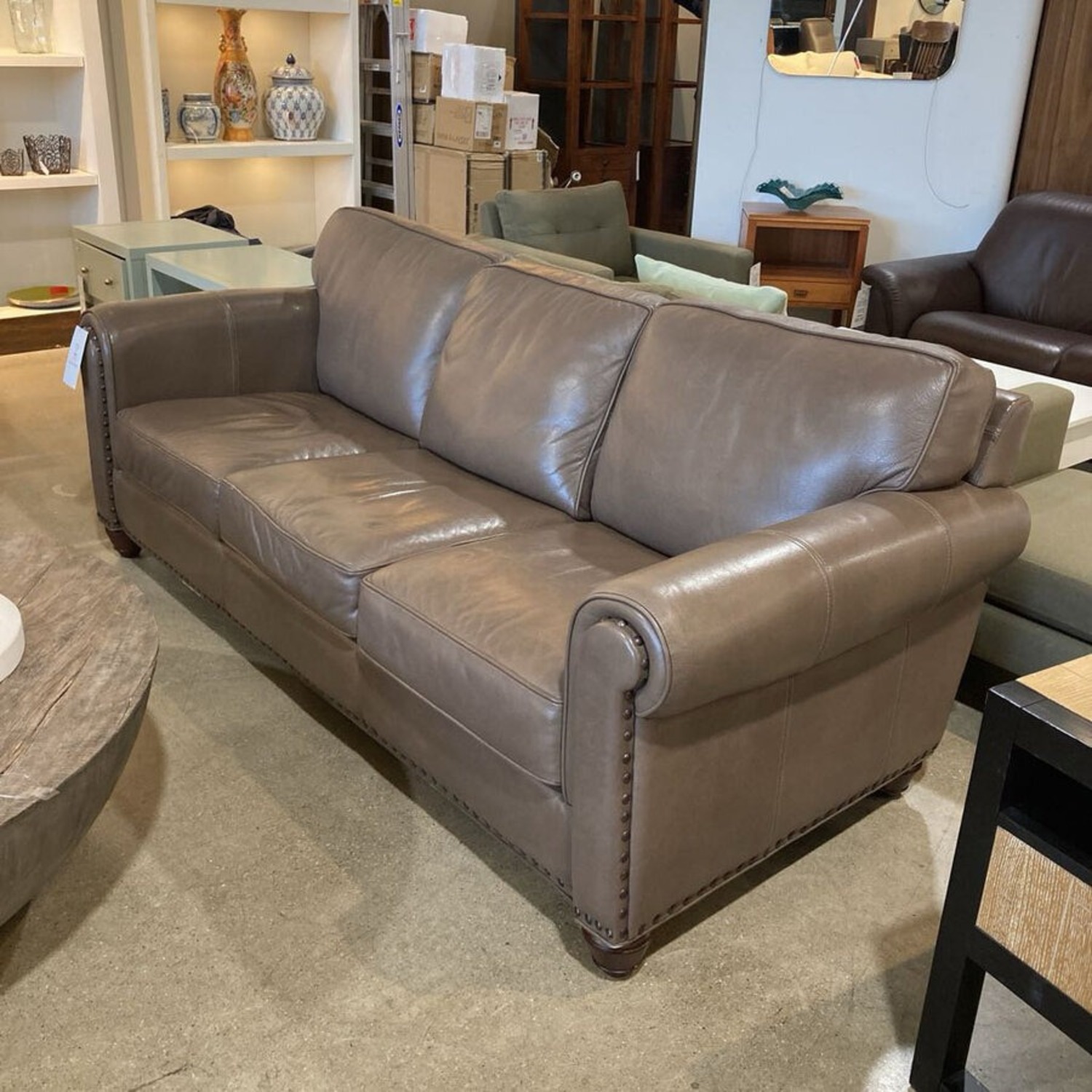 Three Seat Leather Roll-Arm w Nailhead Trim Sofa - image-1