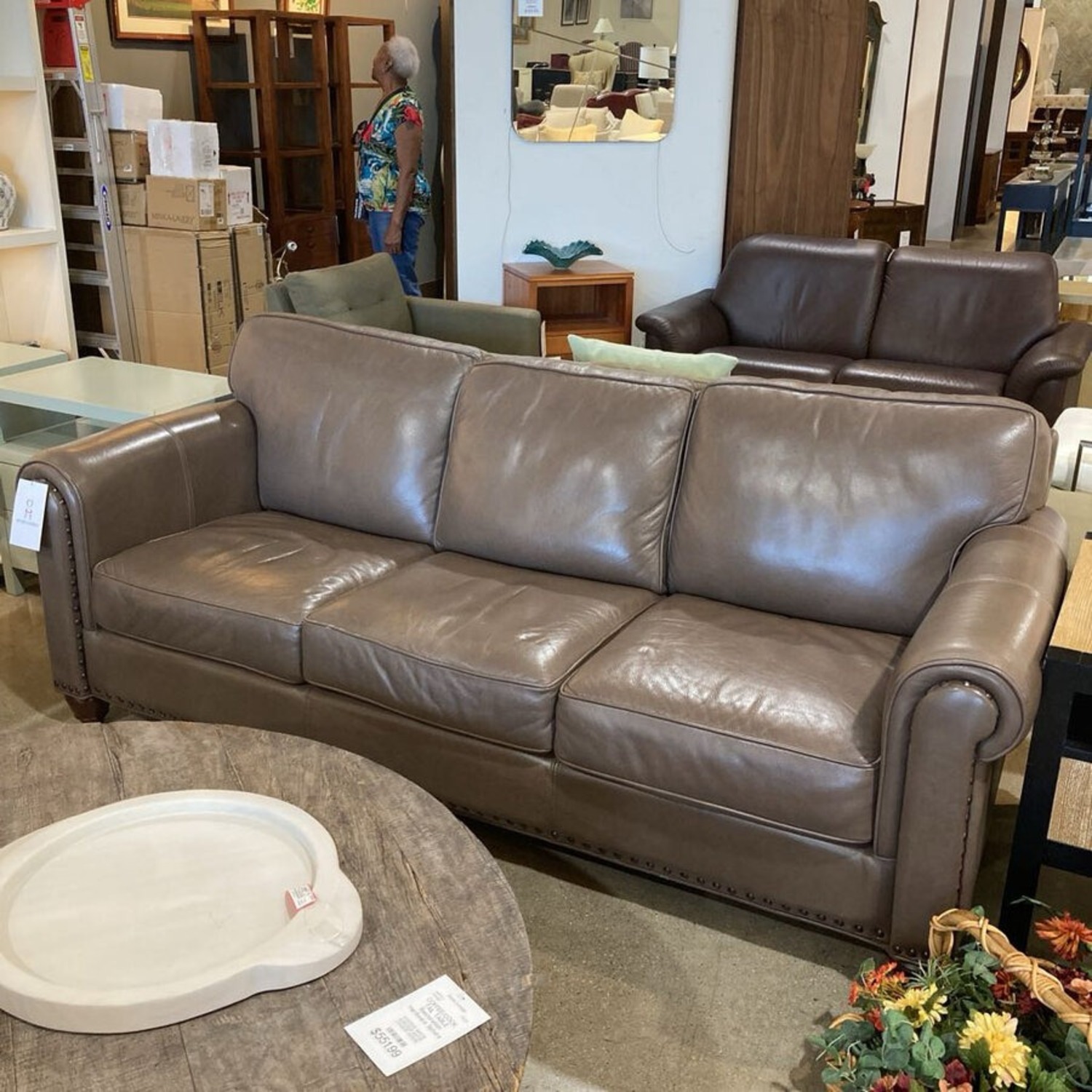 Three Seat Leather Roll-Arm w Nailhead Trim Sofa - image-3