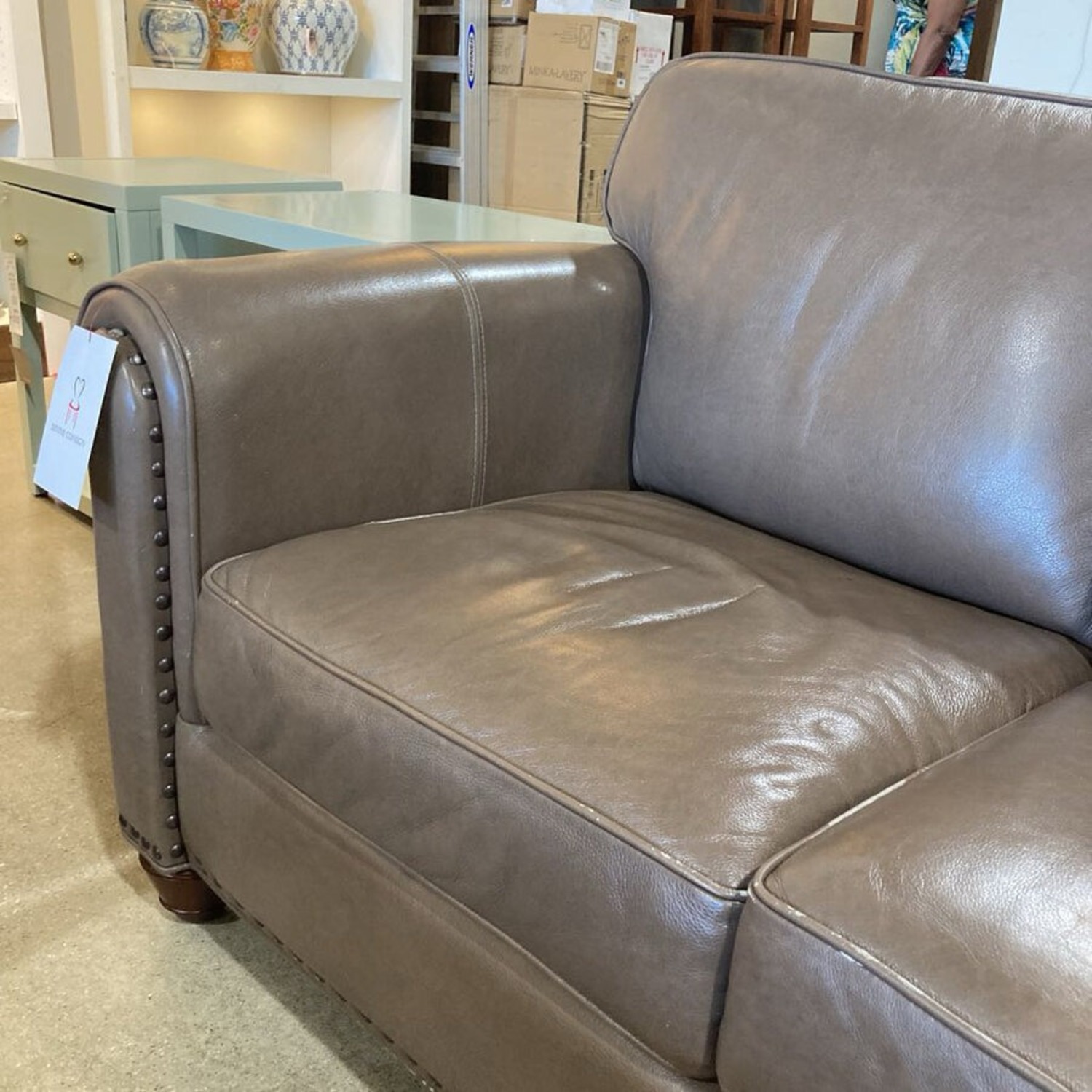 Three Seat Leather Roll-Arm w Nailhead Trim Sofa - image-5