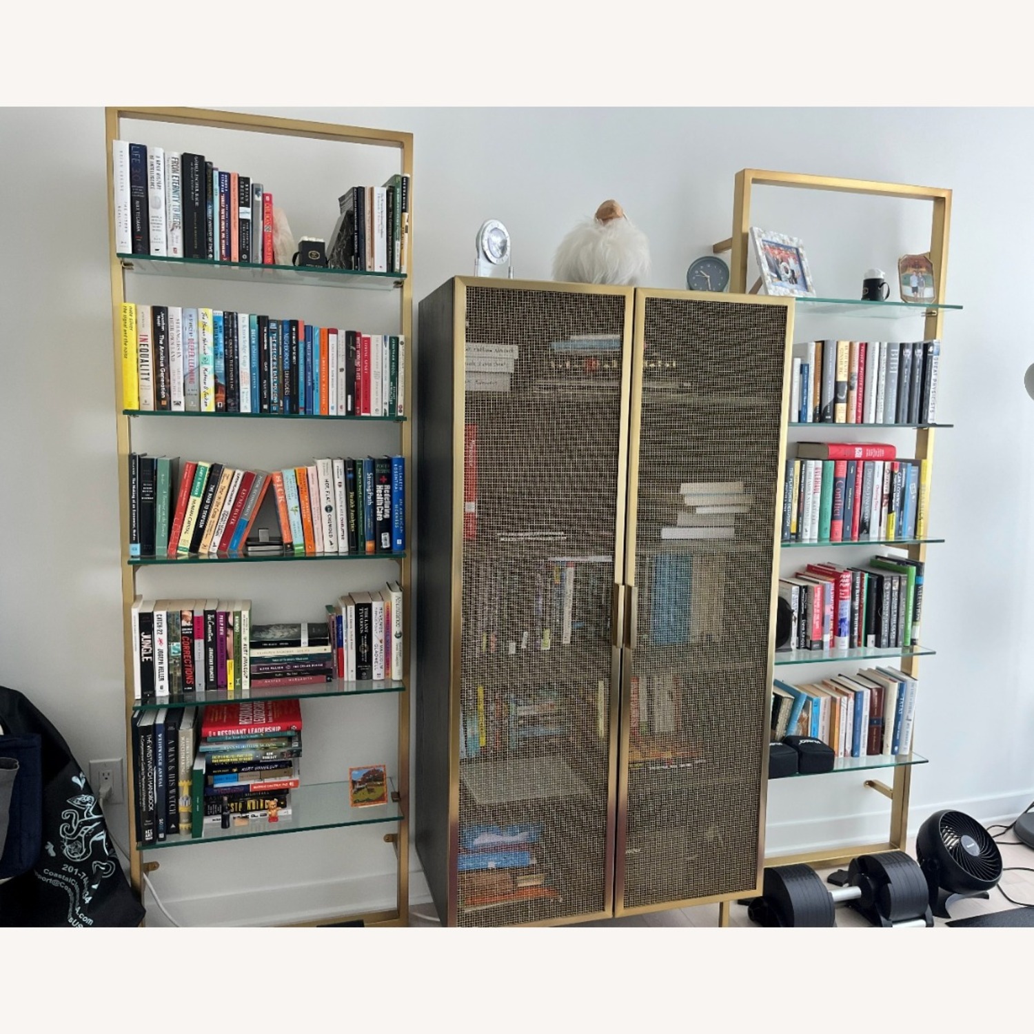 CB2 Set of 2 Brass Metal/Glass Wall Unit - image-1
