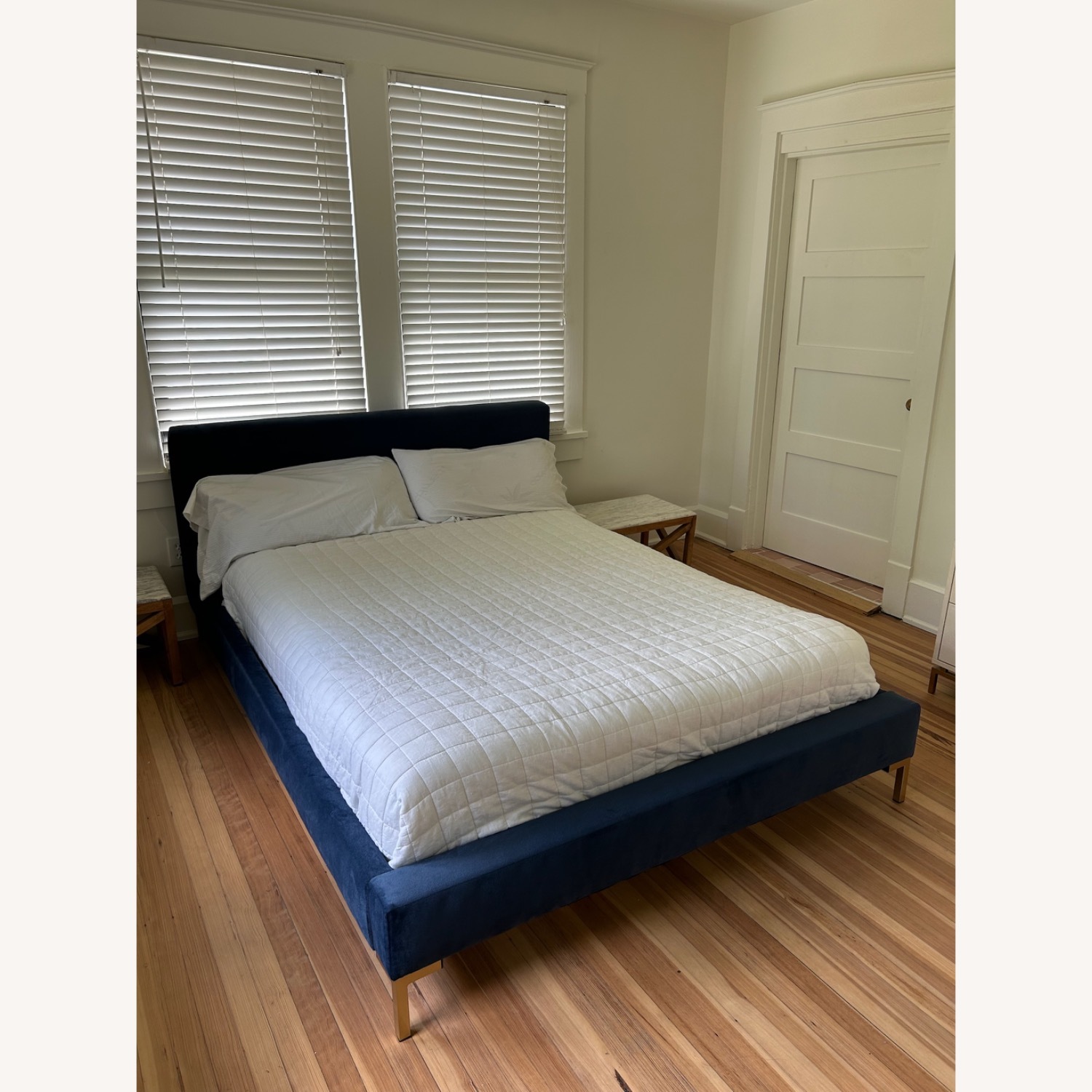 Navy Blue Velvet Upholstered Queen Platform Bed  - image-1