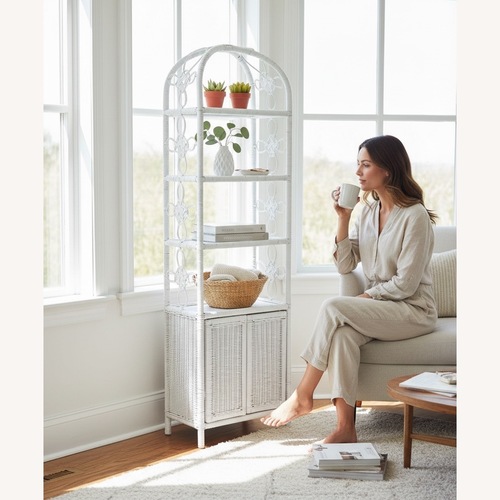 Used Vintage White Wicker Rattan Shelving Boho for sale on AptDeco