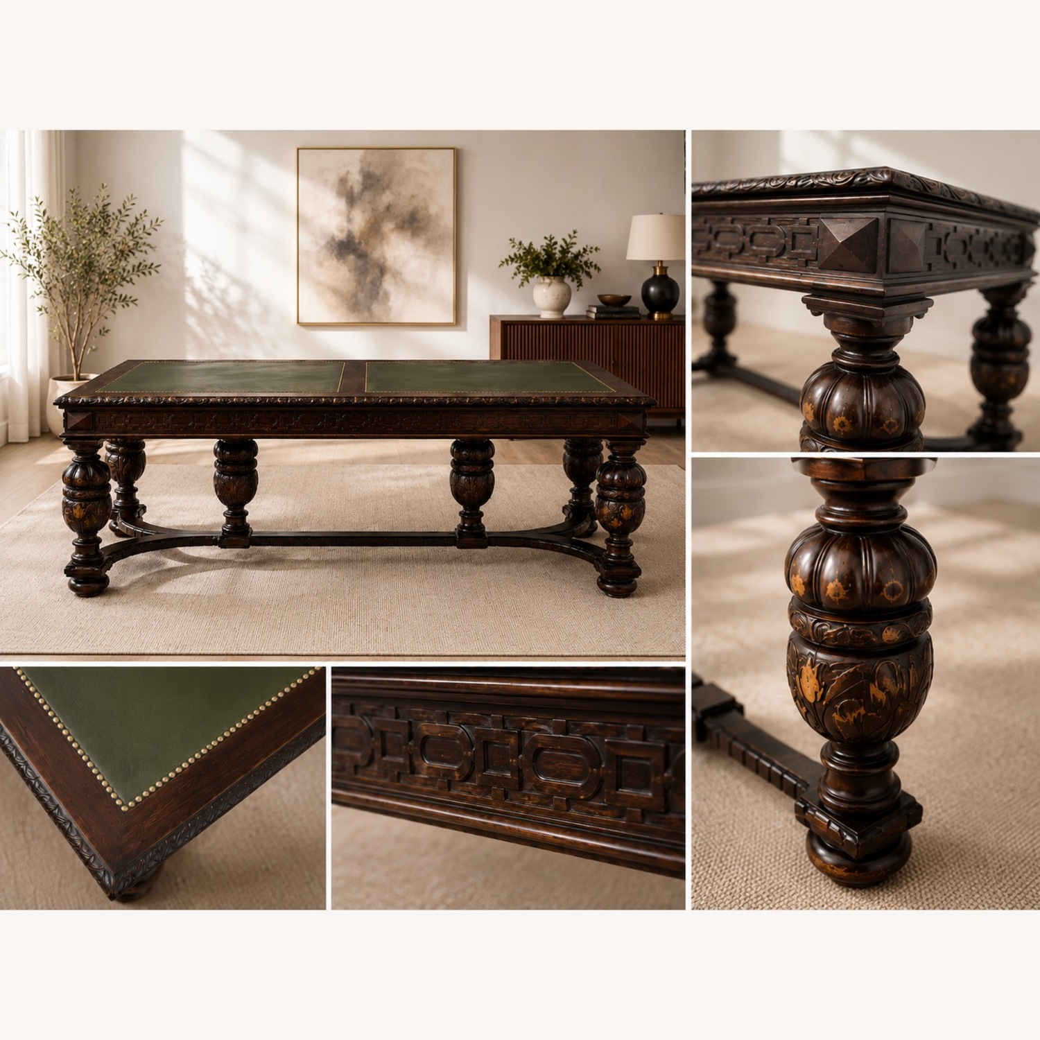 Renaissance Revival Style Dark Brown Wood Desk - image-3