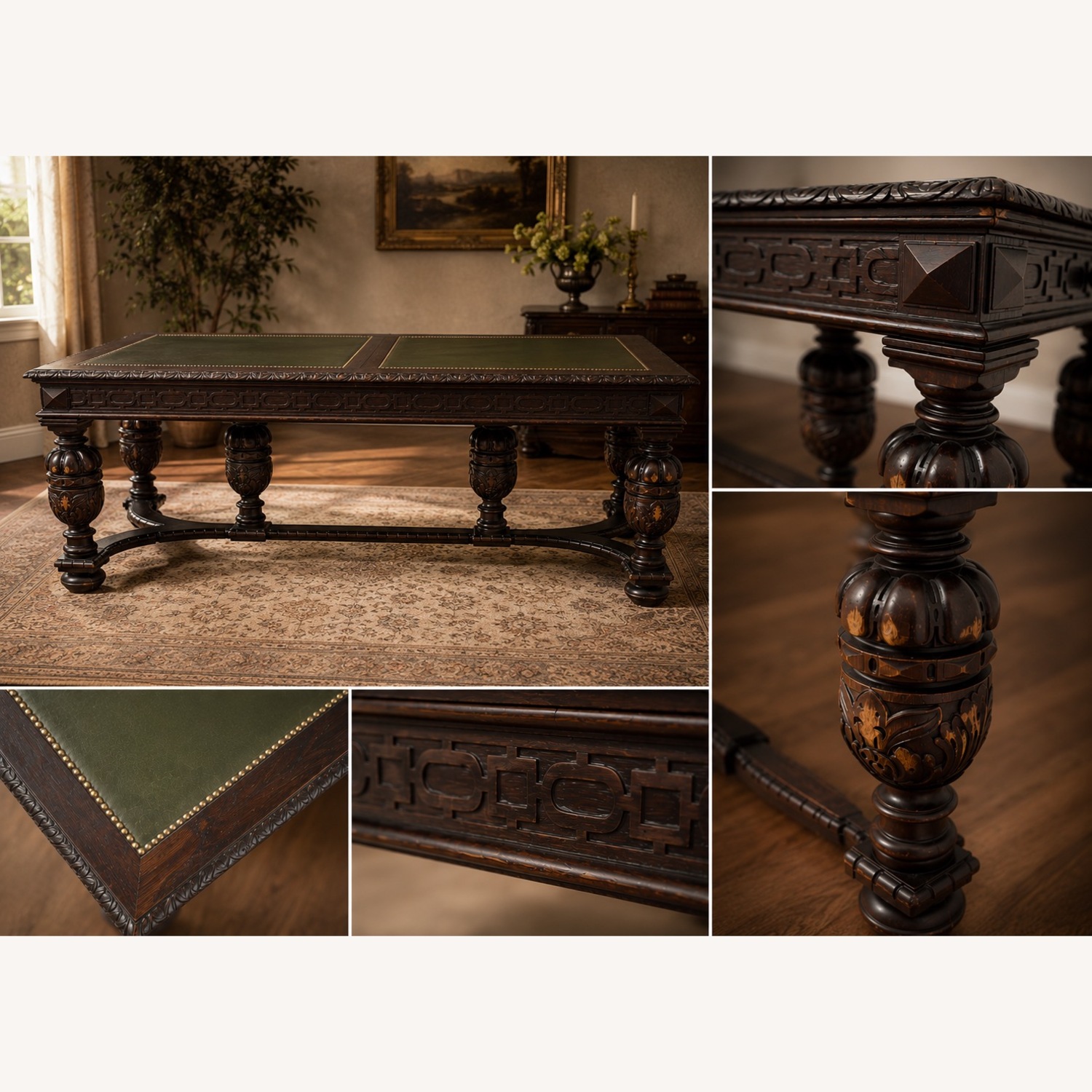 Renaissance Revival Style Dark Brown Wood Desk - image-1