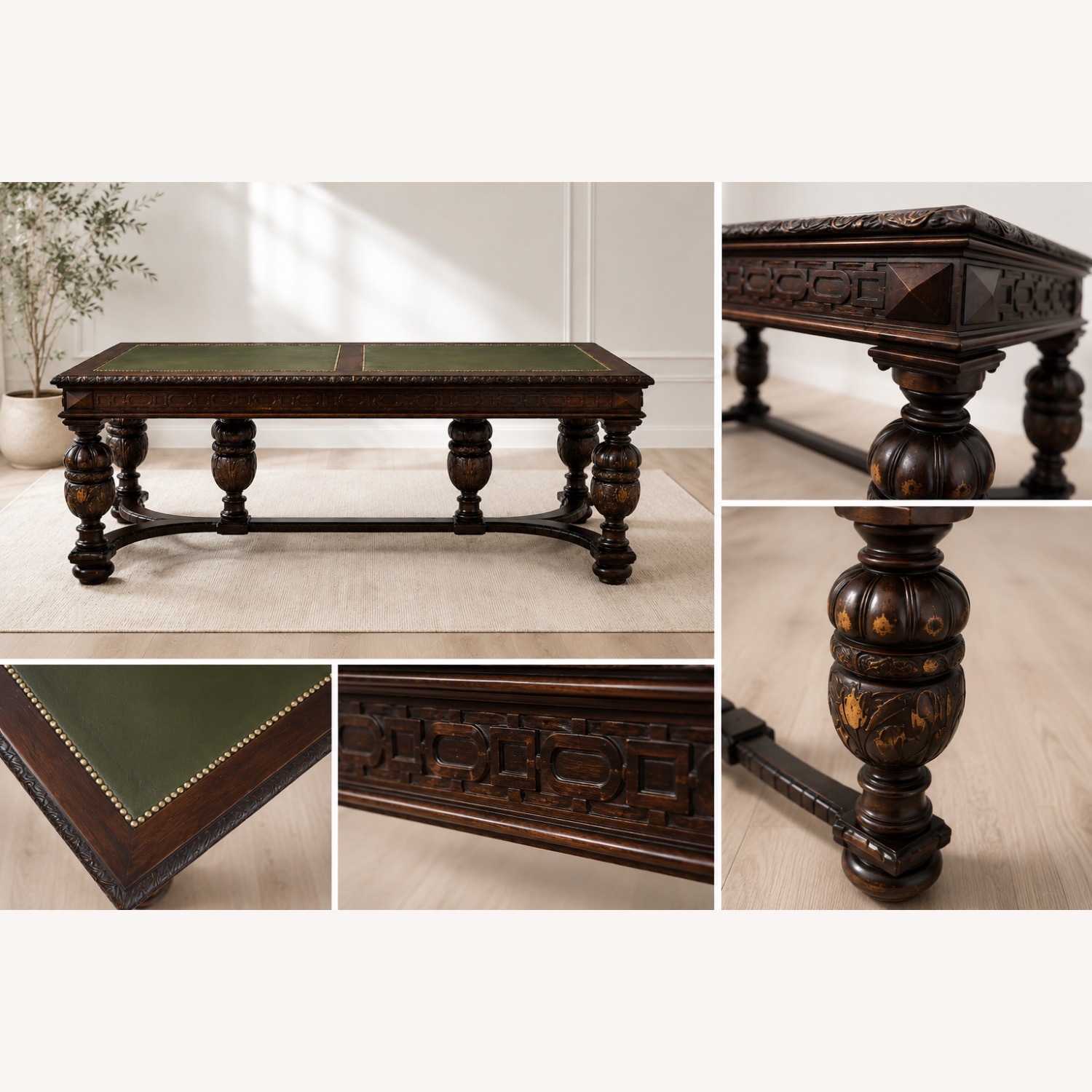 Renaissance Revival Style Dark Brown Wood Desk - image-2