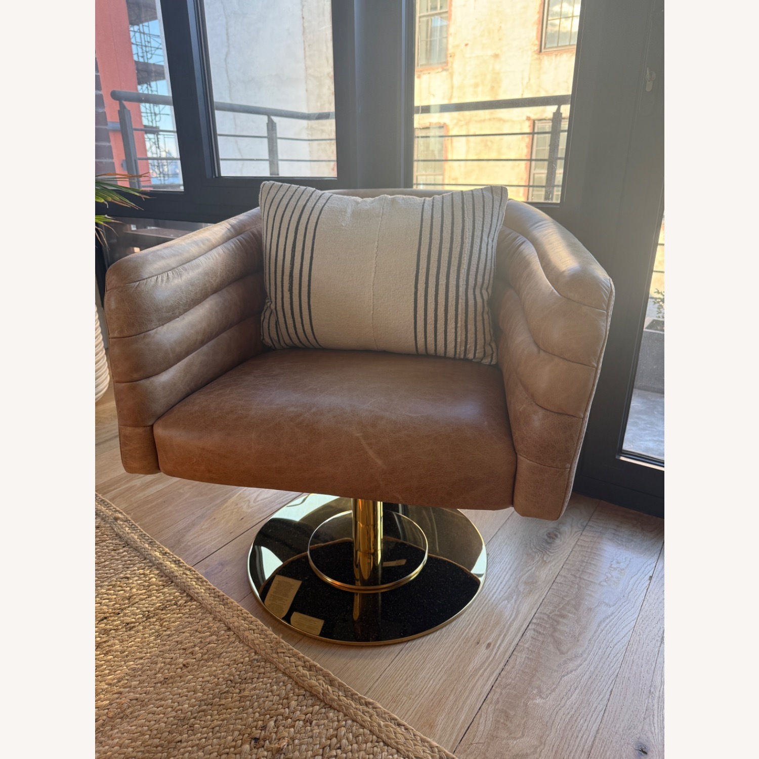 CB2 Brown Leather Cupa Swivel Chair - image-1