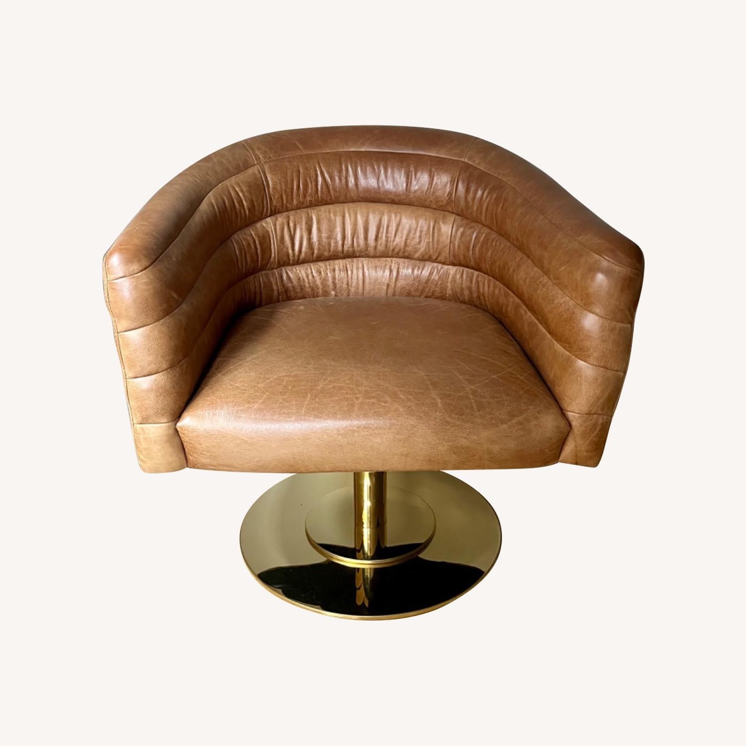  CB2 Brown Leather Cupa Swivel Chair - image-4