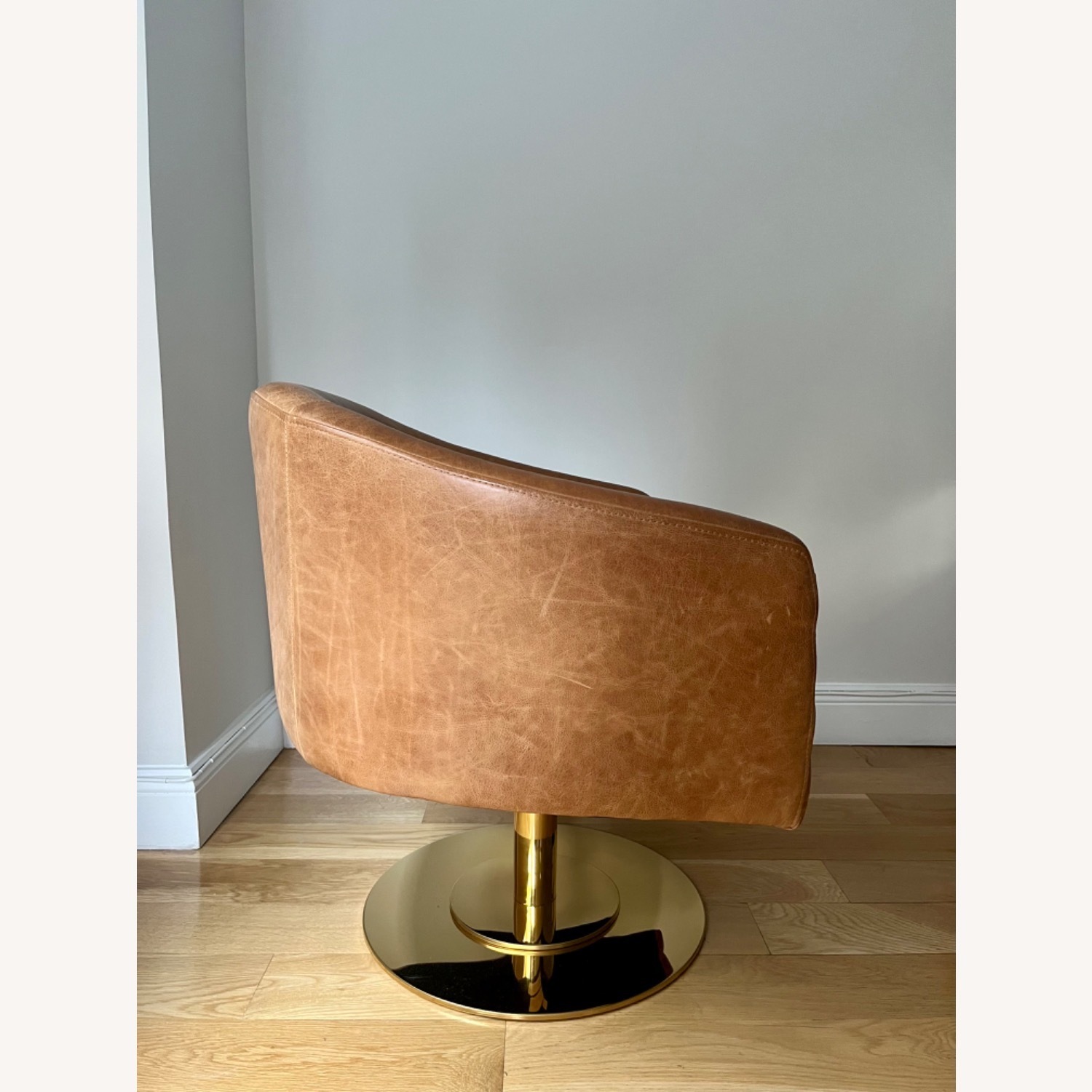  CB2 Brown Leather Cupa Swivel Chair - image-2
