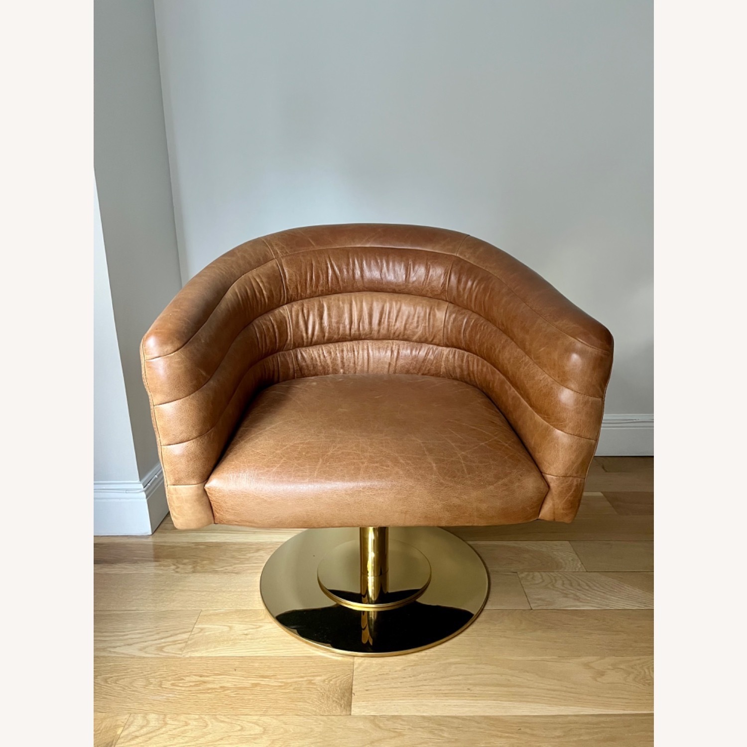  CB2 Brown Leather Cupa Swivel Chair - image-3
