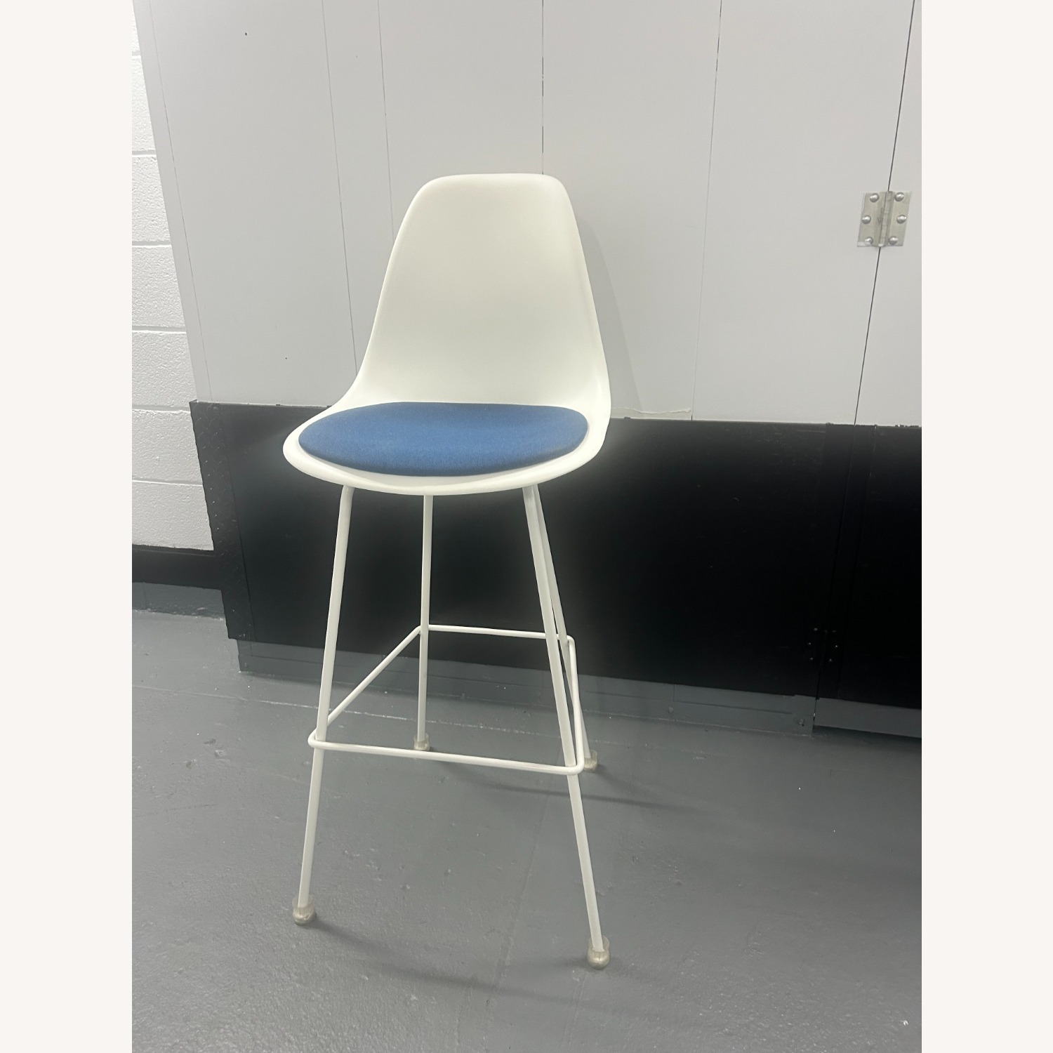 Eames White Plastic Stools W Blue Fabric Cushion - image-1