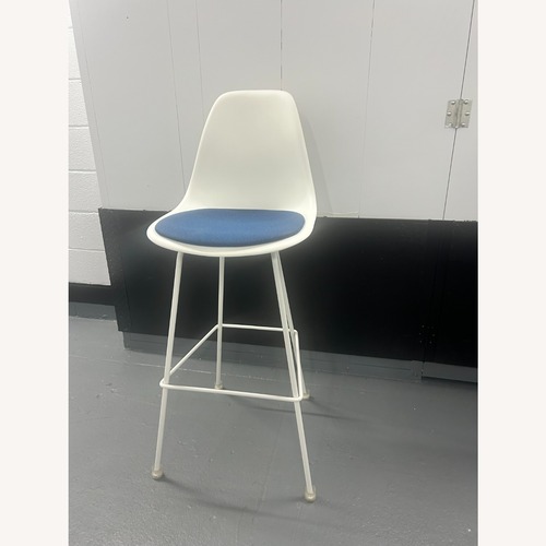Used Eames White Plastic Stools W Blue Fabric Cushion for sale on AptDeco