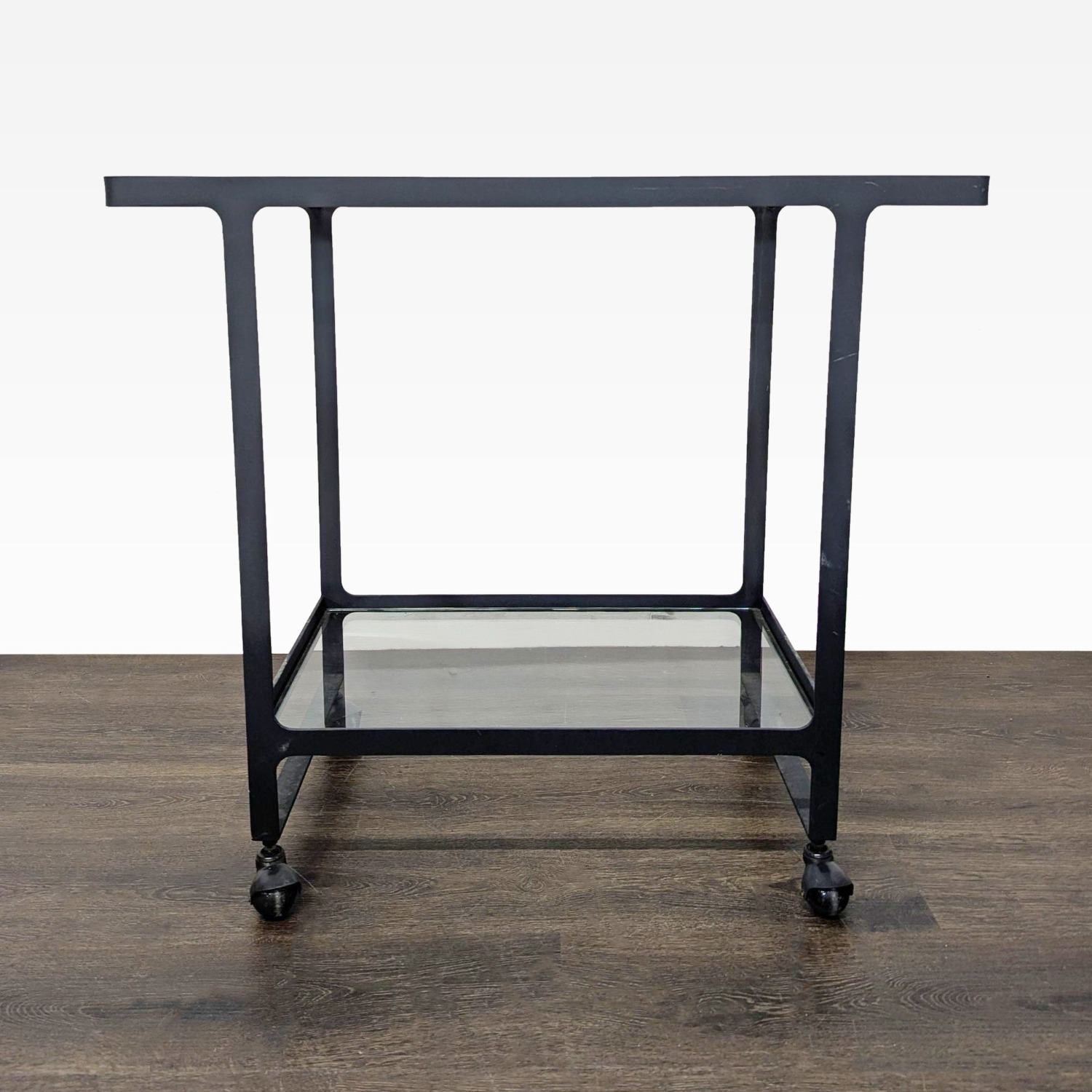 Two Tier Glass and Metal Console Table on Castors - image-8