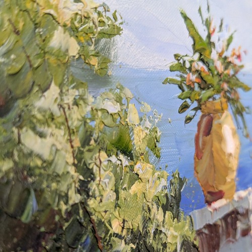 Used Framed Mediterranean Seaside House Acrylic Art for sale on AptDeco